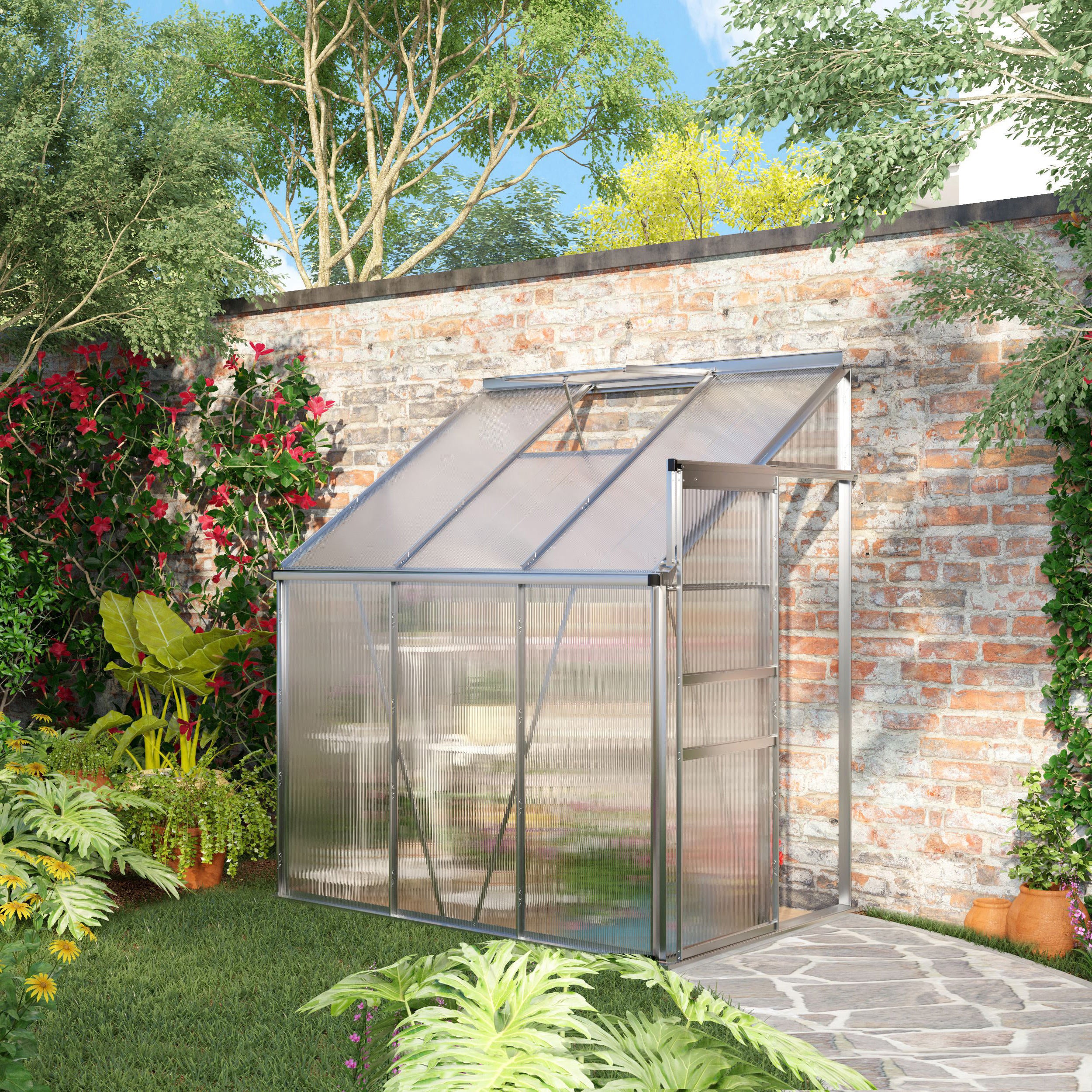 6' x 4' Aluminum Lean-to Greenhouse with Roof Vent, Rain Gutter and Sliding Door, Clear - Image 4