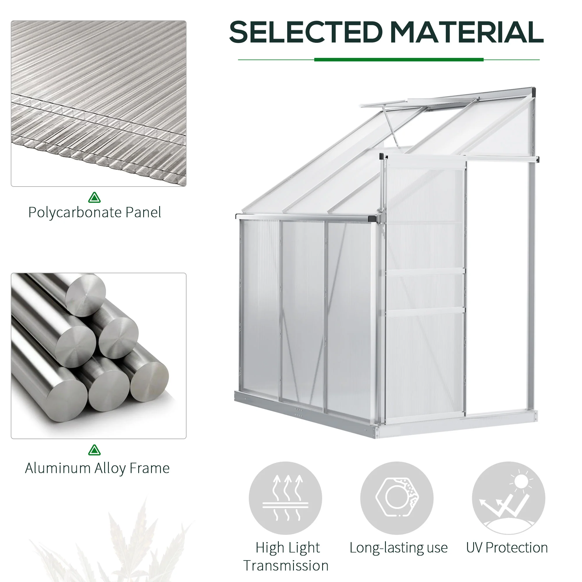 6' x 4' Aluminum Lean-to Greenhouse with Roof Vent, Rain Gutter and Sliding Door, Clear - Image 6
