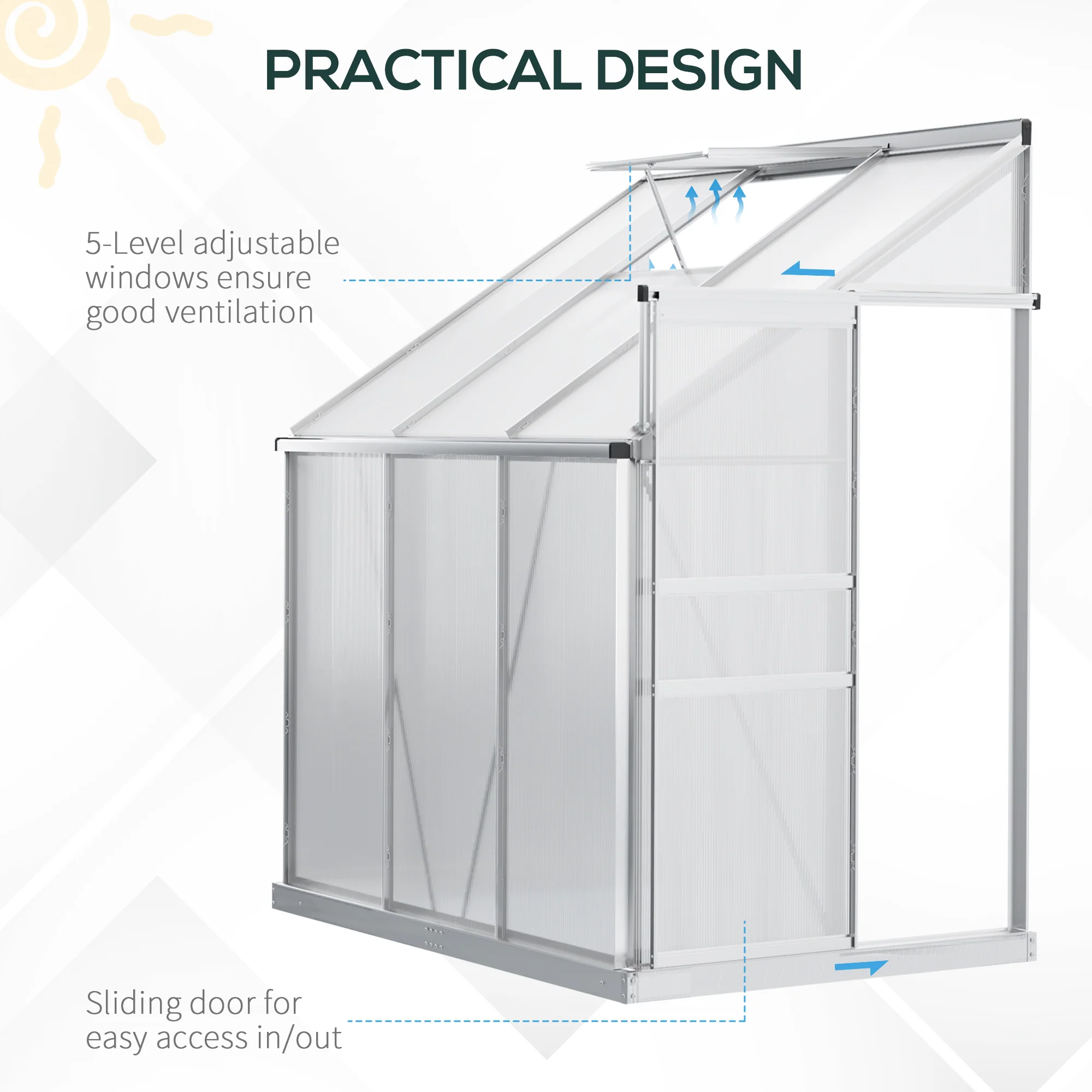 6' x 4' Aluminum Lean-to Greenhouse with Roof Vent, Rain Gutter and Sliding Door, Clear - Image 7