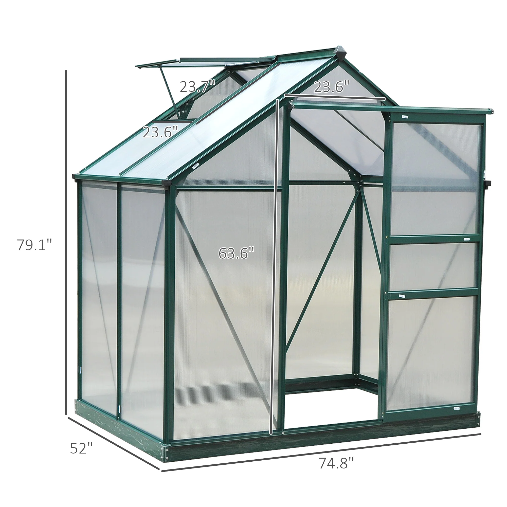 6' x 4' Polycarbonate Greenhouse with Rain Gutter and Roof Vent for Outdoor Garden, Dark Green - Image 3