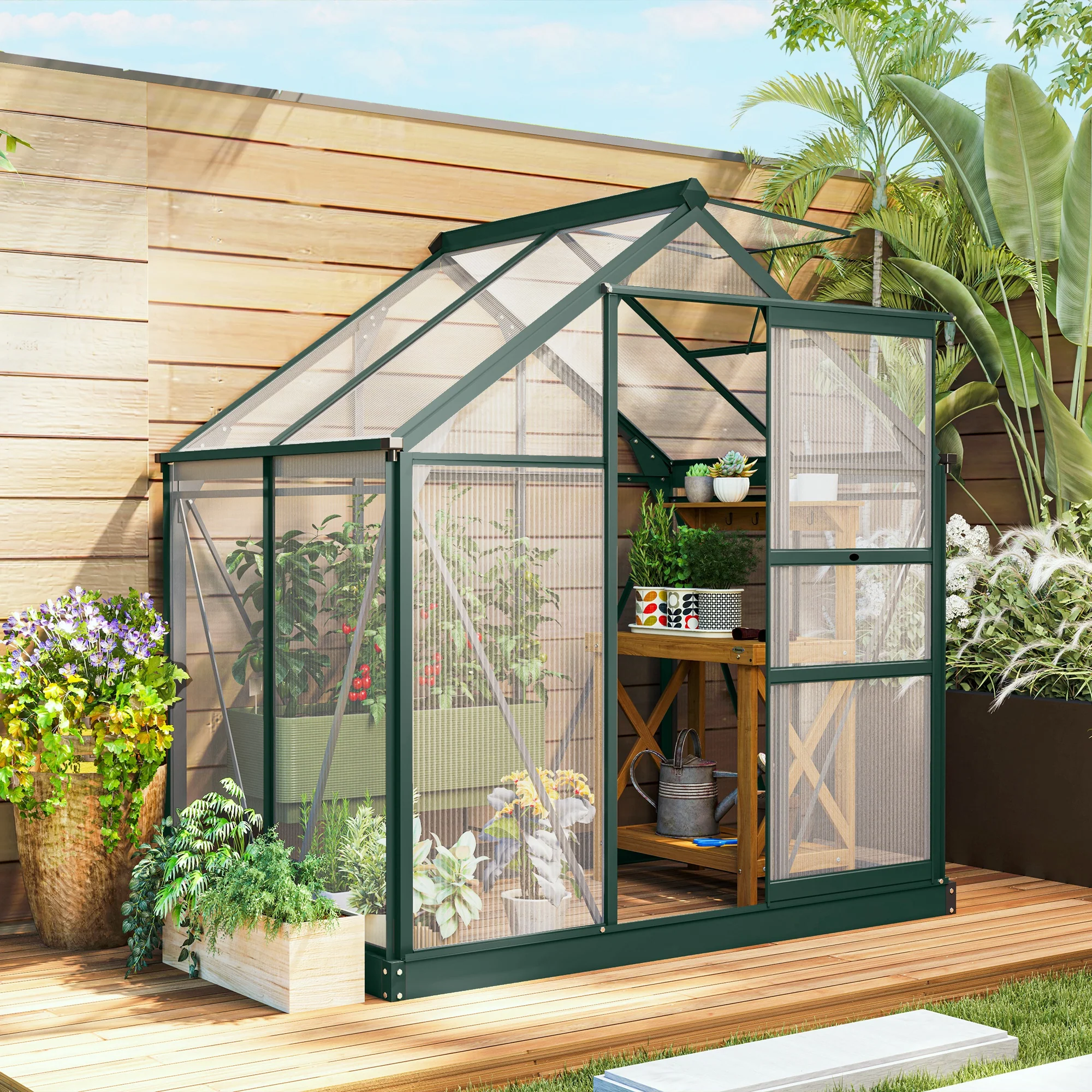 6' x 4' Polycarbonate Greenhouse with Rain Gutter and Roof Vent for Outdoor Garden, Dark Green - Image 5