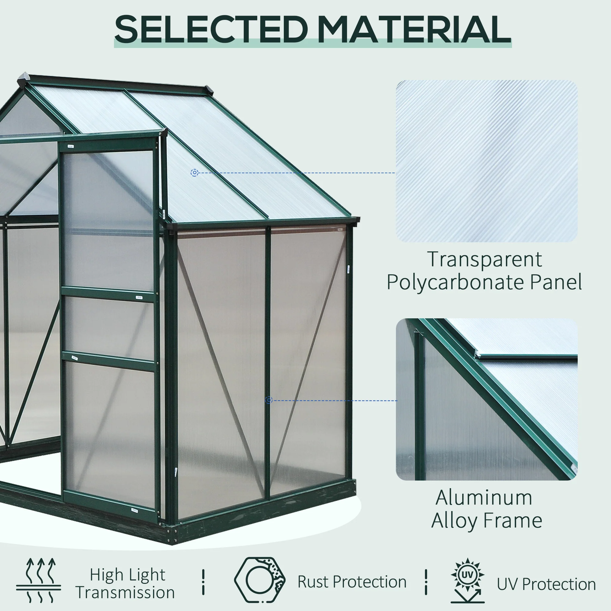 6' x 4' Polycarbonate Greenhouse with Rain Gutter and Roof Vent for Outdoor Garden, Dark Green - Image 7