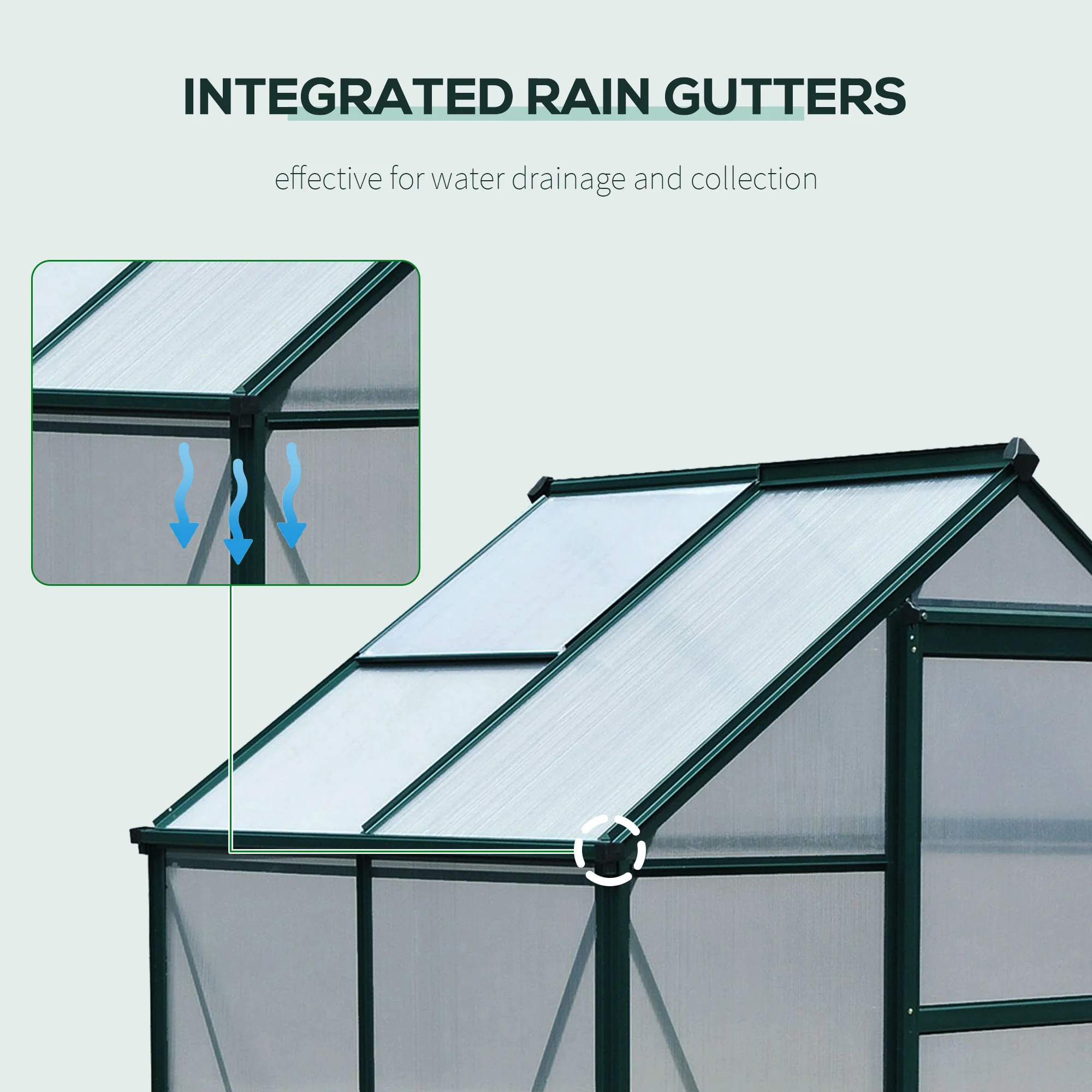 6' x 4' Polycarbonate Greenhouse with Rain Gutter and Roof Vent for Outdoor Garden, Dark Green - Image 9