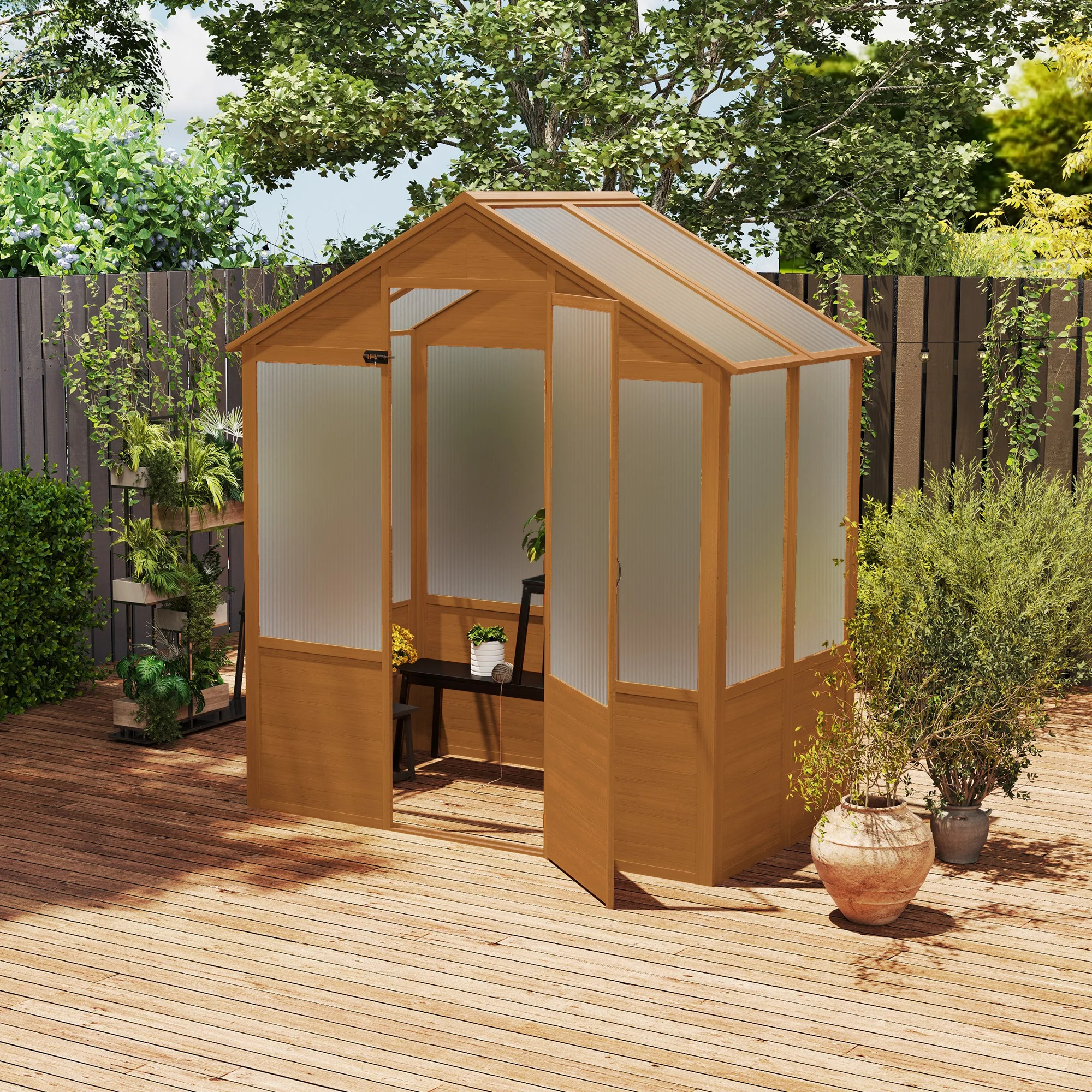 6' x 4' x 7' Wooden Frame Walk-in Greenhouse with Lockable Door, Rustic Brown - Image 9