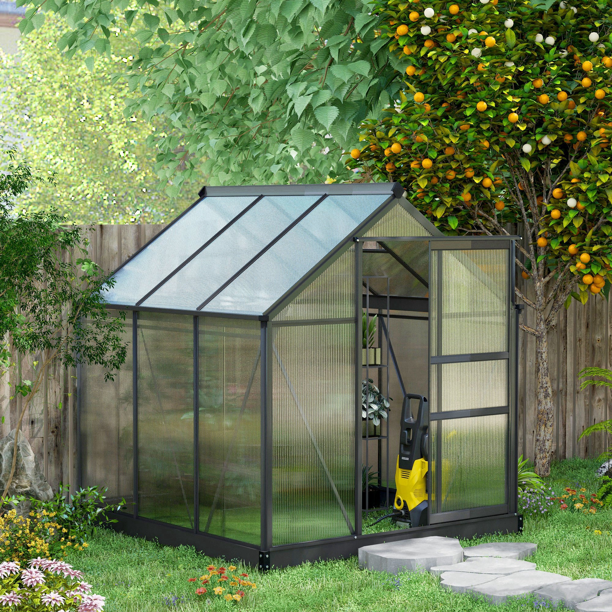 6' x 6' Polycarbonate Greenhouse with Rain Gutter and Roof Vent for Outdoor Garden, Gray - Image 3