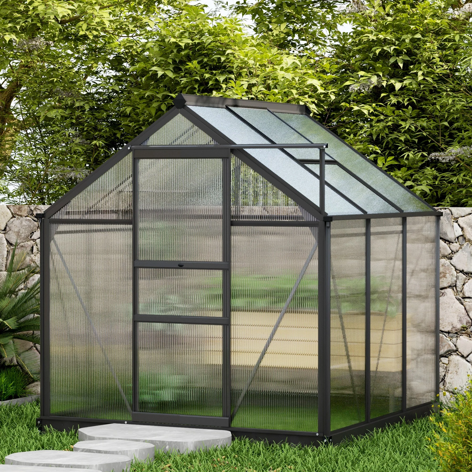 6' x 6' Polycarbonate Greenhouse with Rain Gutter and Roof Vent for Outdoor Garden, Gray - Image 4
