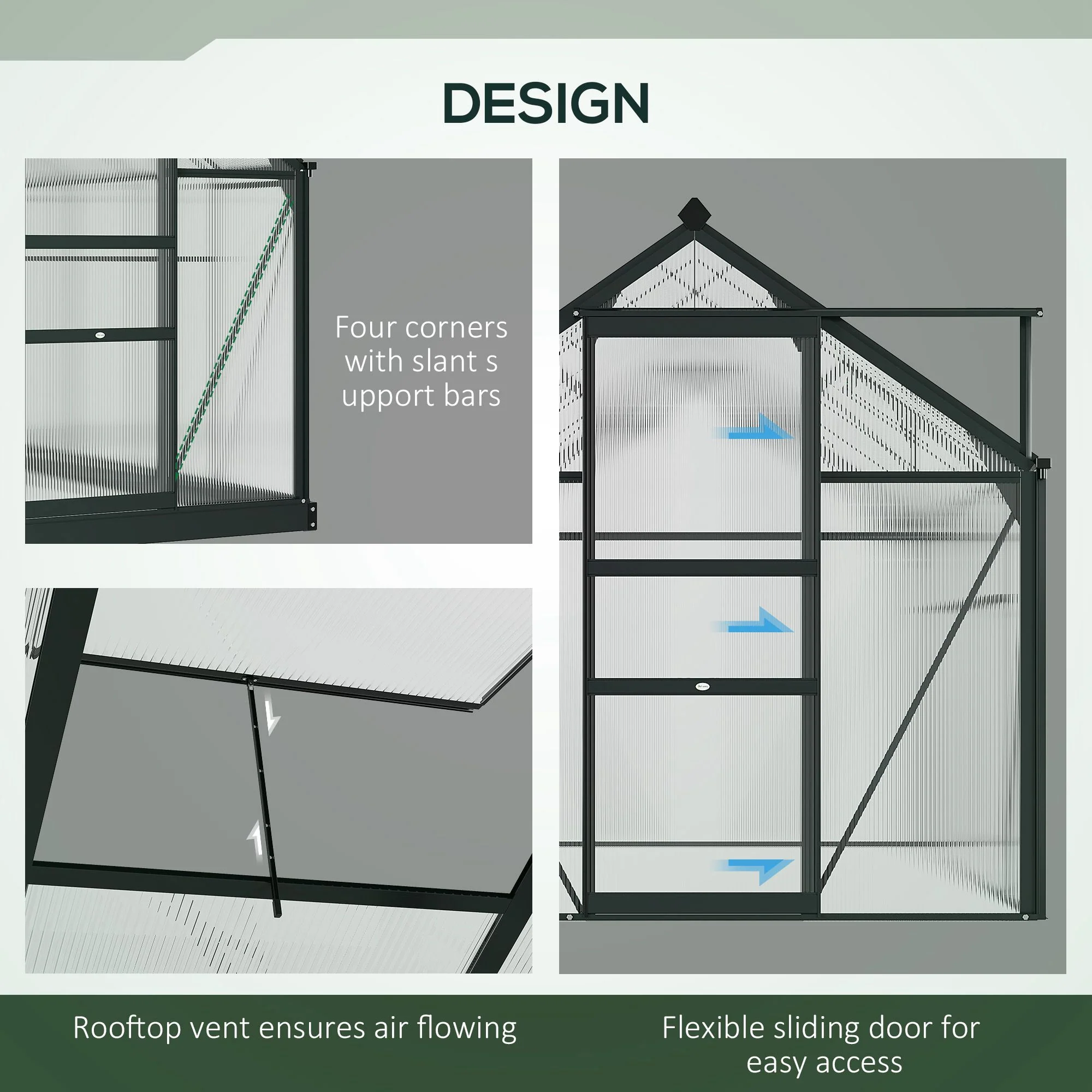 6' x 6' Polycarbonate Greenhouse with Rain Gutter and Roof Vent for Outdoor Garden, Gray - Image 6