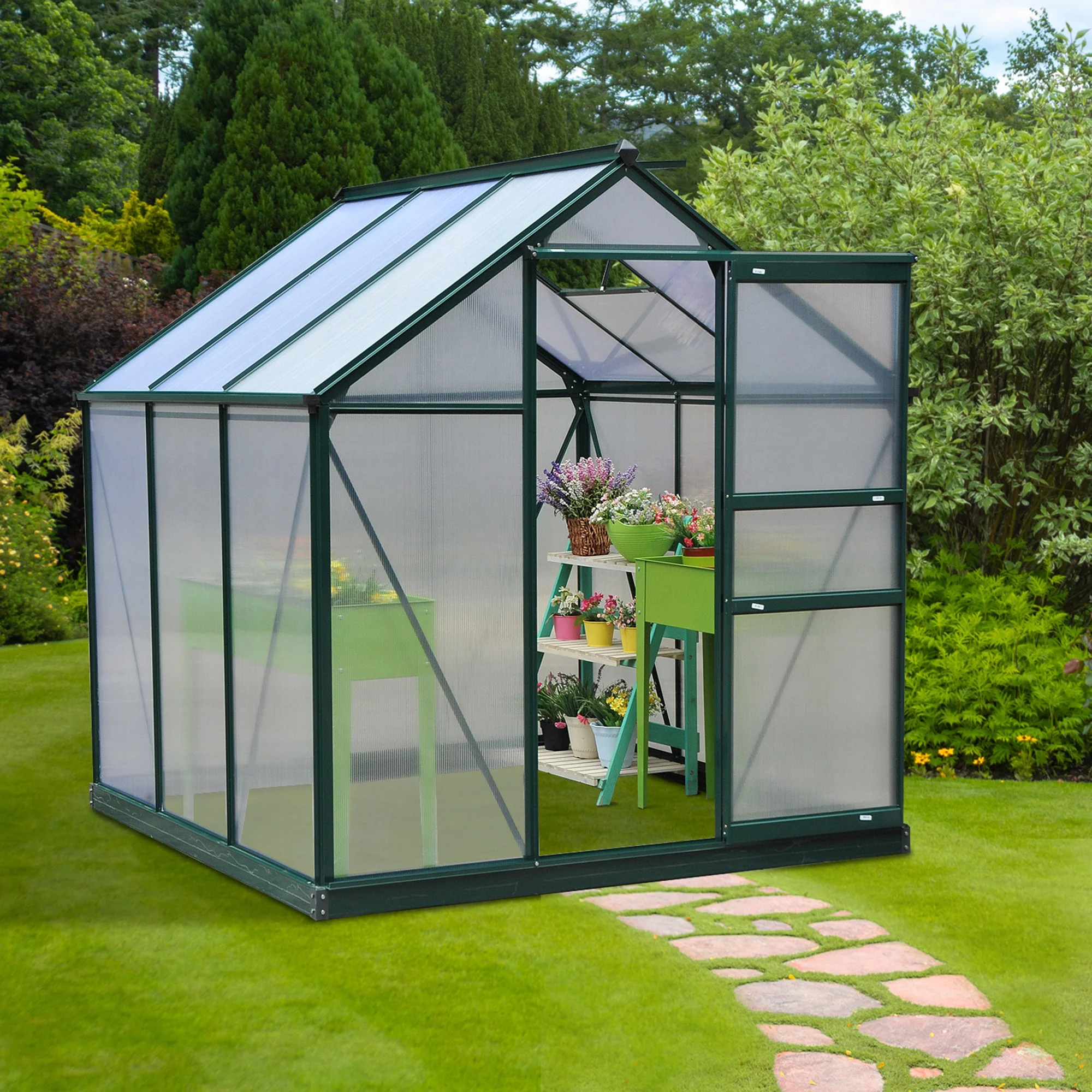 6' x 6' Polycarbonate Greenhouse with Rain Gutter and Roof Vent for Outdoor Garden, Dark Green - Image 3