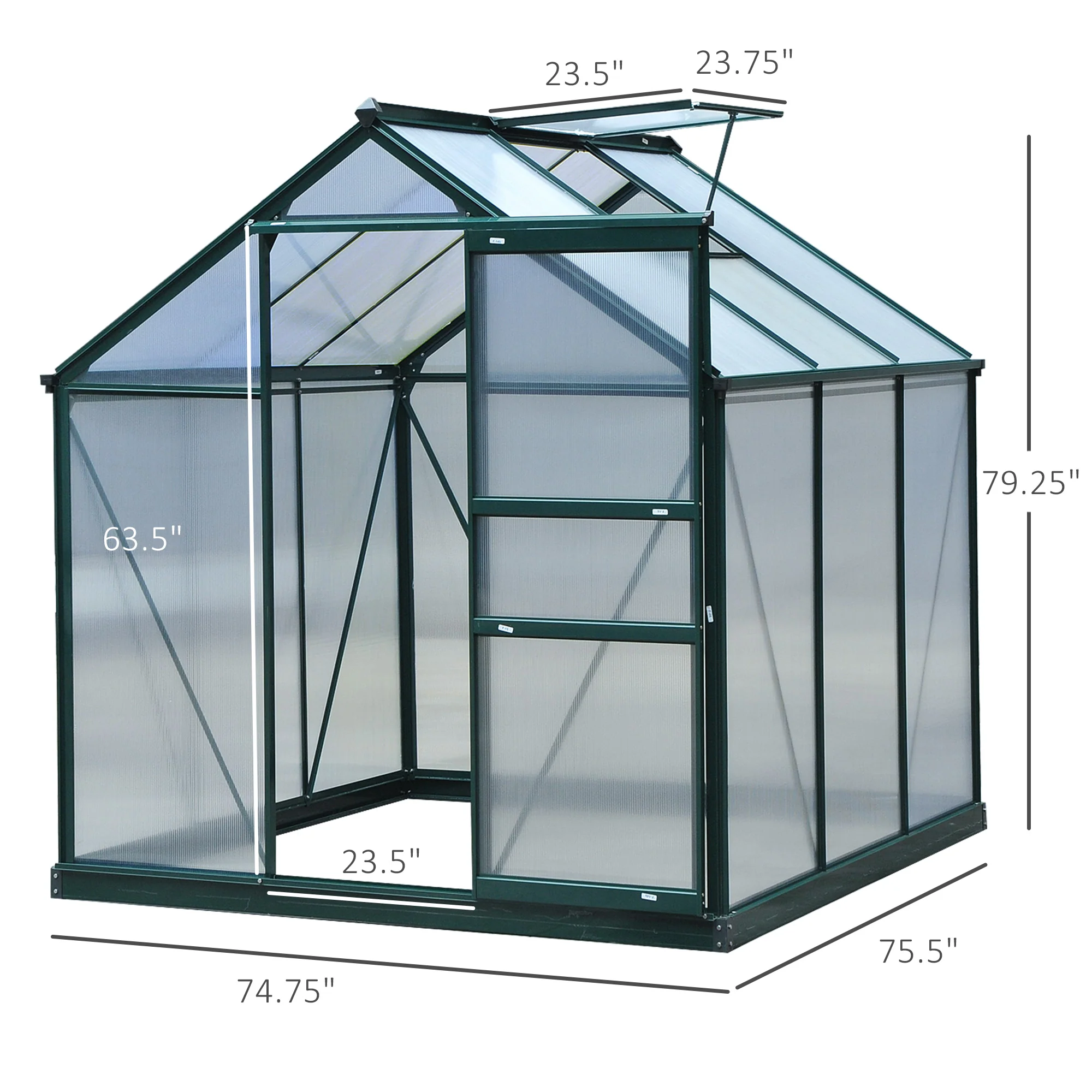 6' x 6' Polycarbonate Greenhouse with Rain Gutter and Roof Vent for Outdoor Garden, Dark Green - Image 4