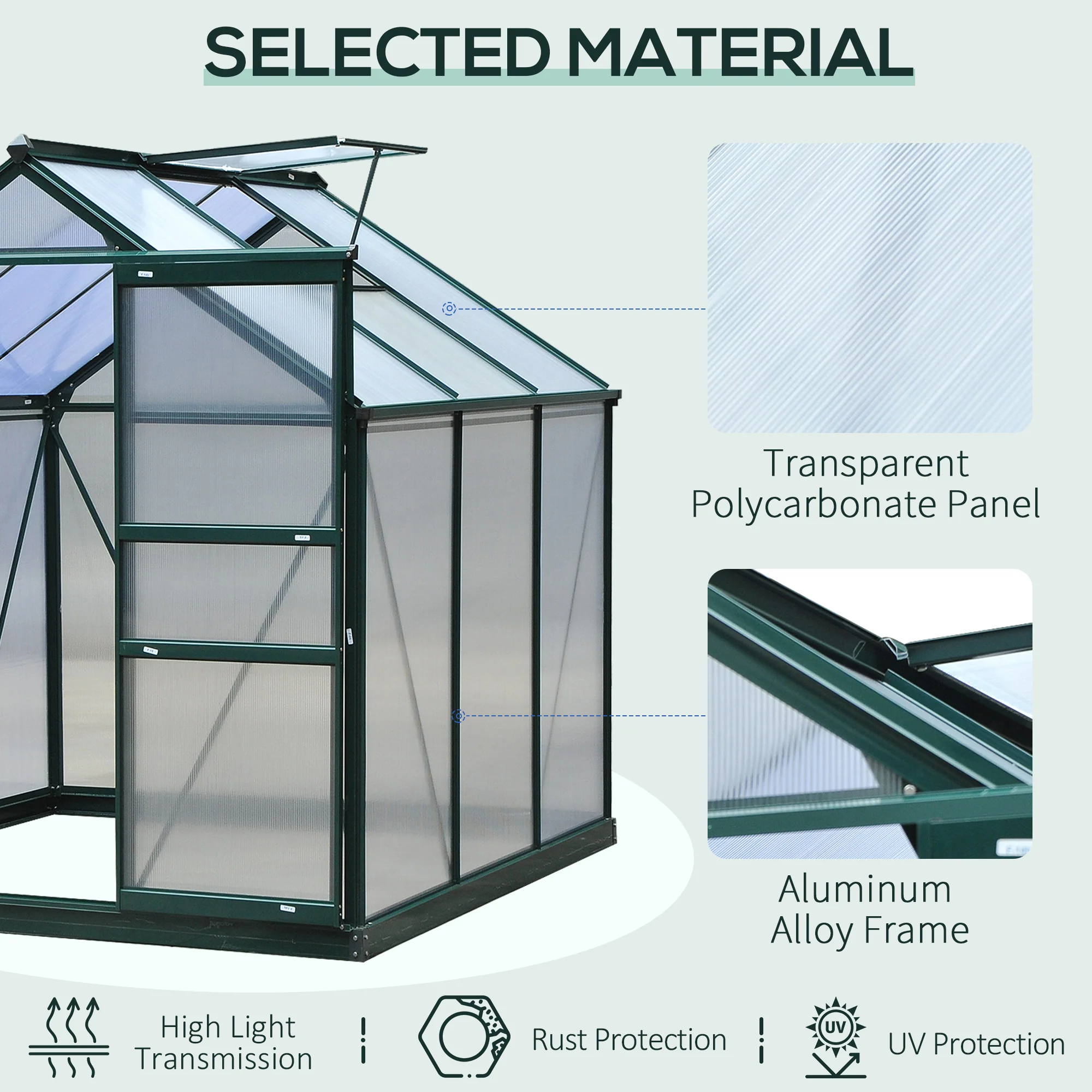 6' x 6' Polycarbonate Greenhouse with Rain Gutter and Roof Vent for Outdoor Garden, Dark Green - Image 6