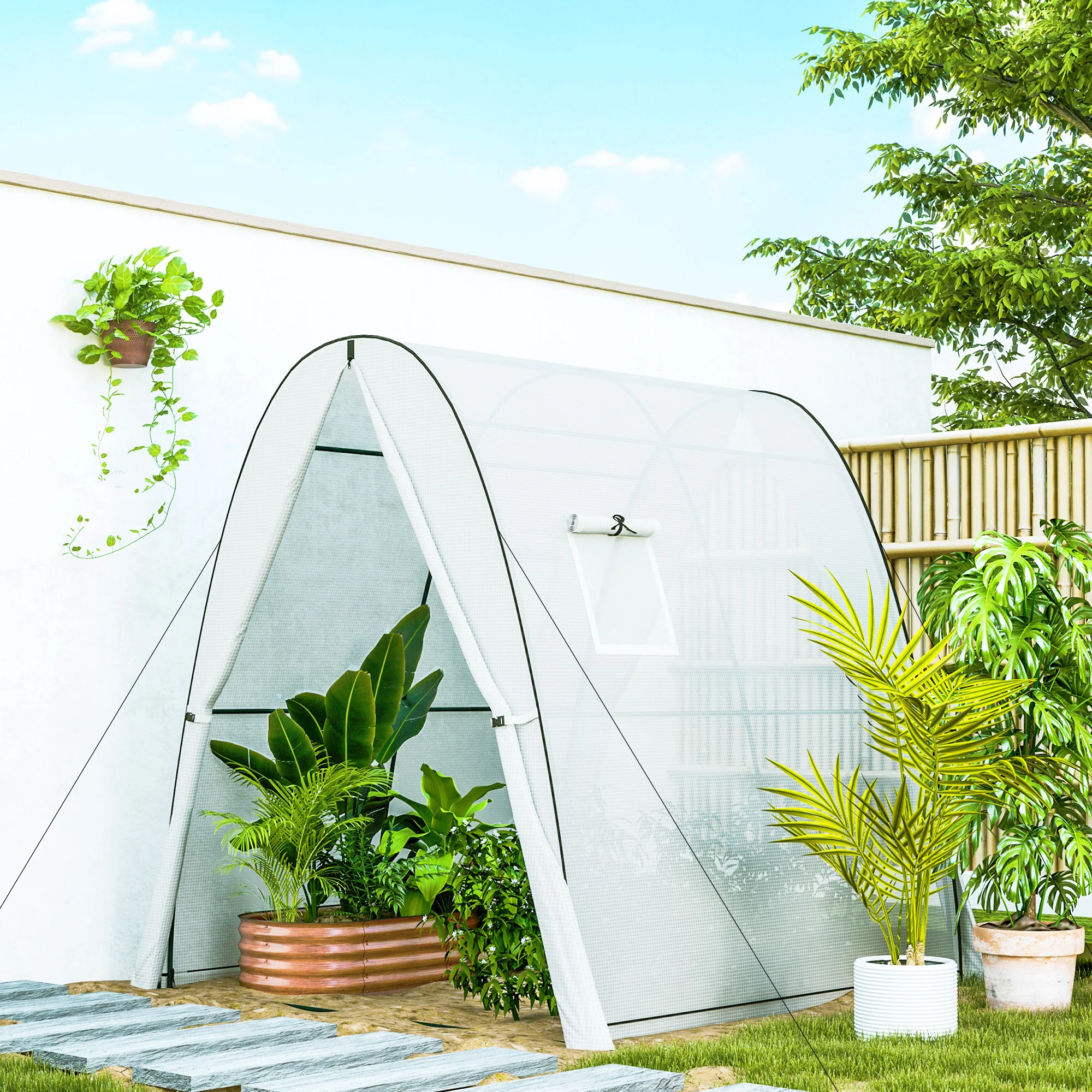 6' x 6' x 6.6' Hoop House Greenhouse with Sandbags and Cover, Tunnel Green House with 2 Doors, White - Image 4
