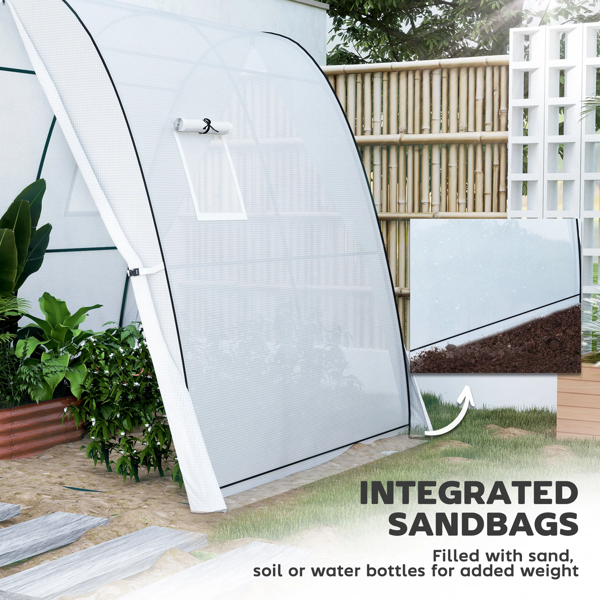 6' x 6' x 6.6' Hoop House Greenhouse with Sandbags and Cover, Tunnel Green House with 2 Doors, White - Image 7