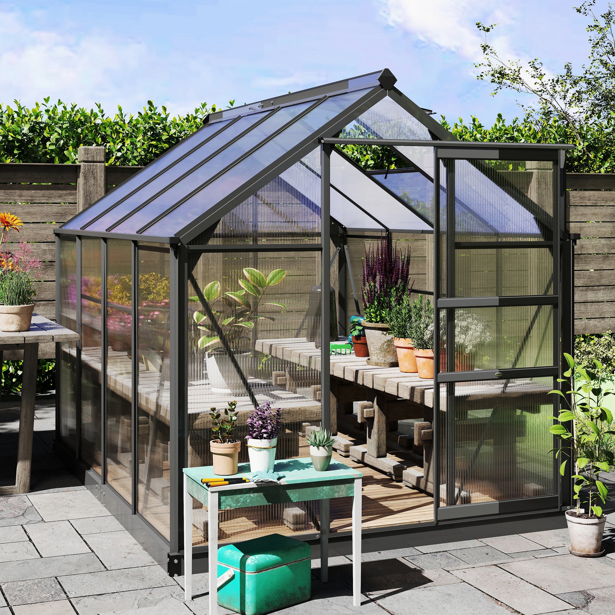 BloomGreen 6' x 8' Greenhouse with Rain Gutter and Roof Vent, Gray - Image 3