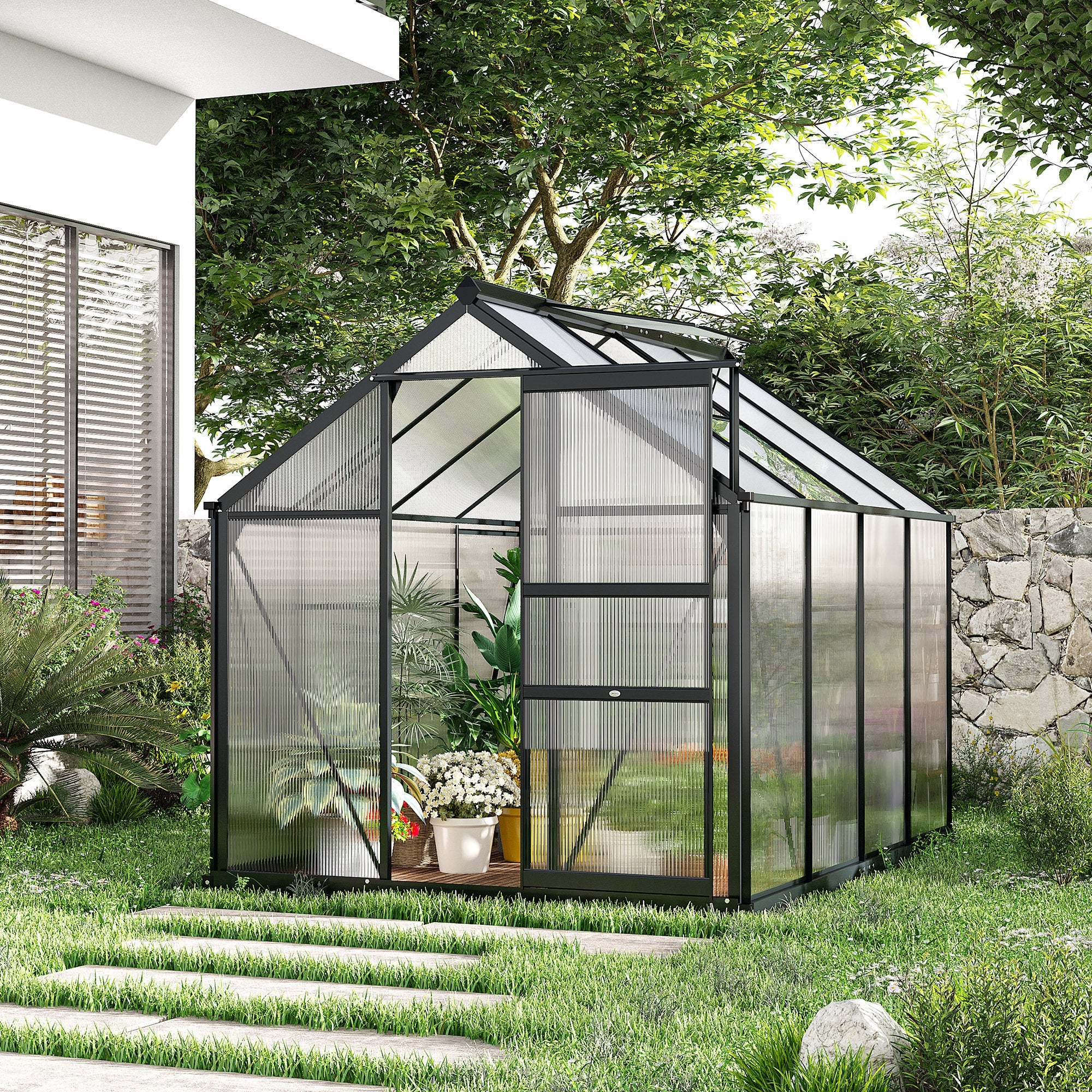 BloomGreen 6' x 8' Greenhouse with Rain Gutter and Roof Vent, Gray - Image 4