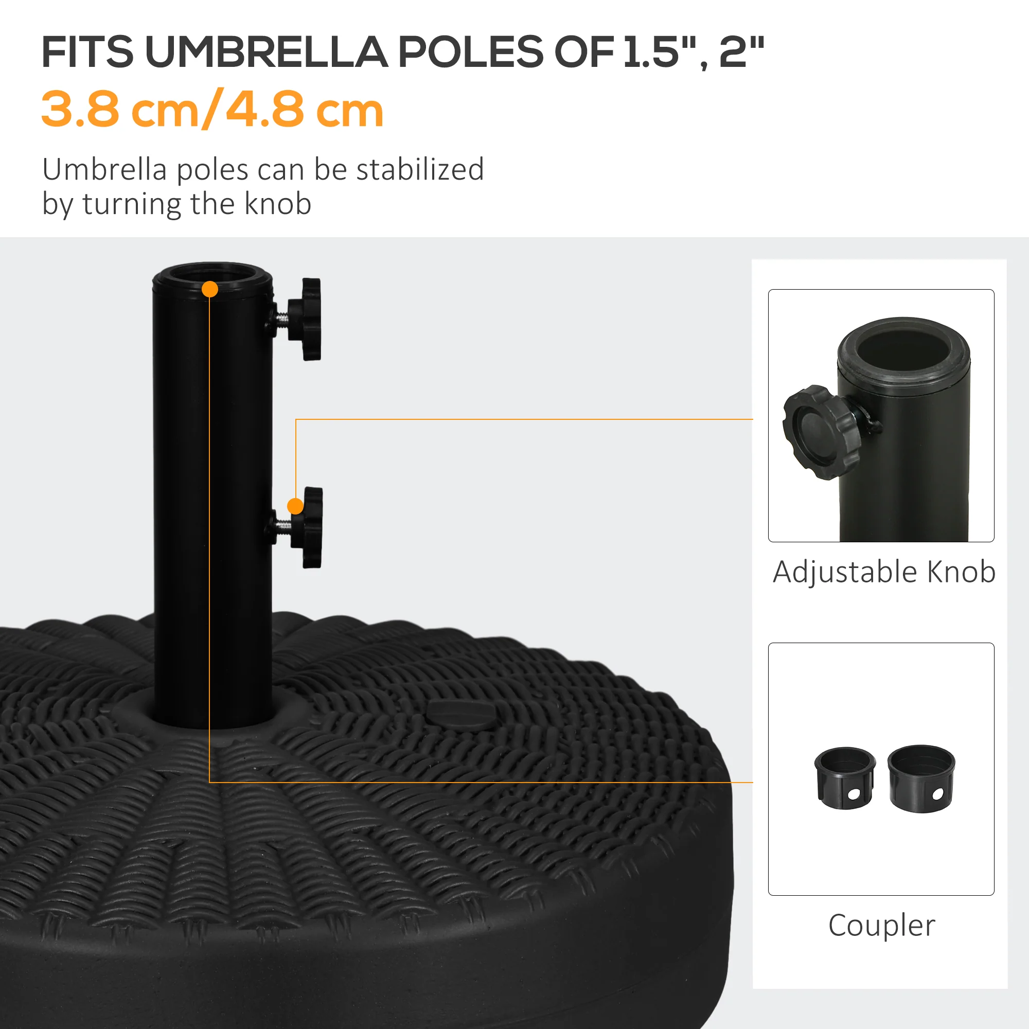 64 lbs. Fillable Umbrella Base with Steel Umbrella Holder, Round Umbrella Stand for 1.5"-2" Umbrella Poles, Heavy Duty for Outdoor, Lawn, Deck, Poolside, Black - Image 6