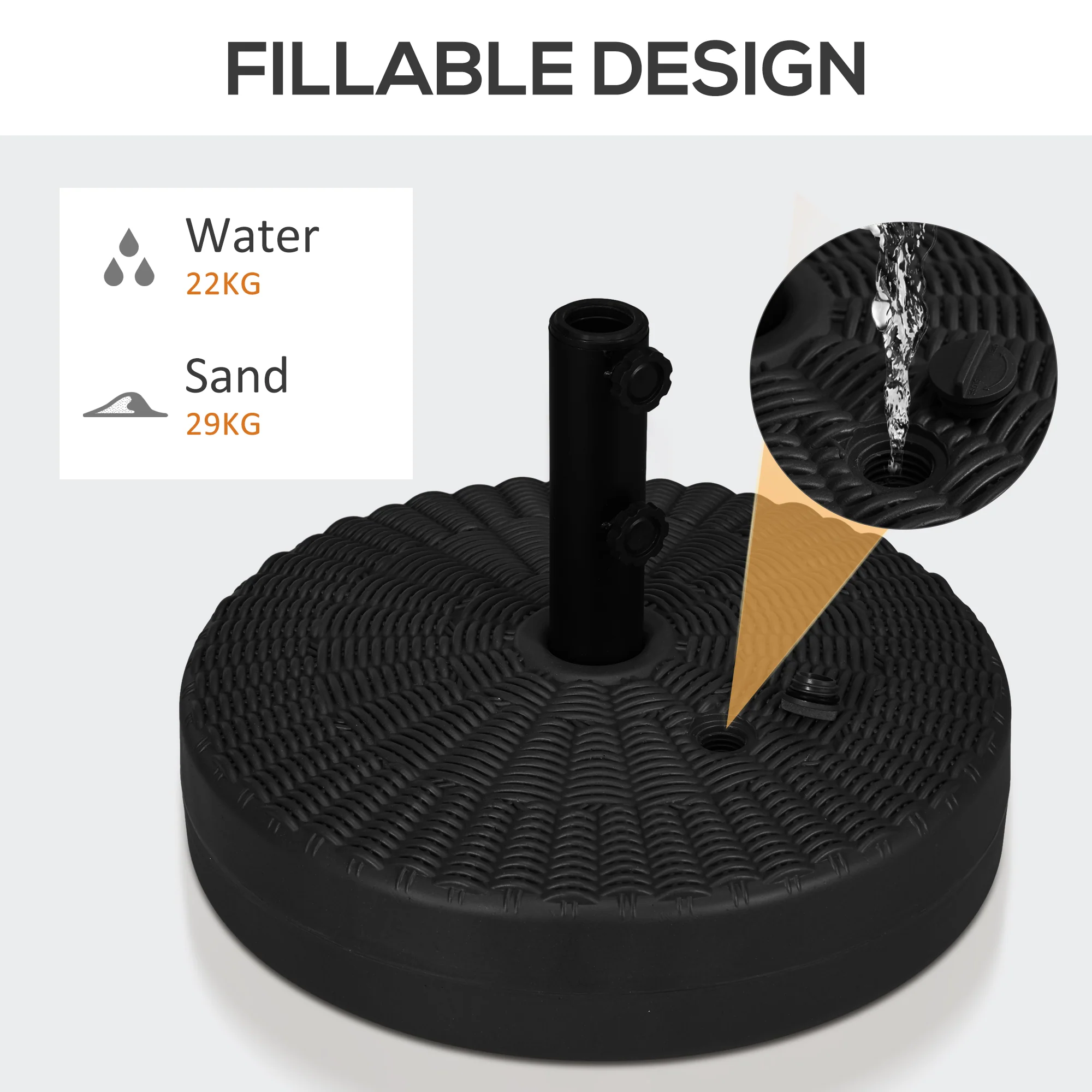 64 lbs. Fillable Umbrella Base with Steel Umbrella Holder, Round Umbrella Stand for 1.5"-2" Umbrella Poles, Heavy Duty for Outdoor, Lawn, Deck, Poolside, Black - Image 7