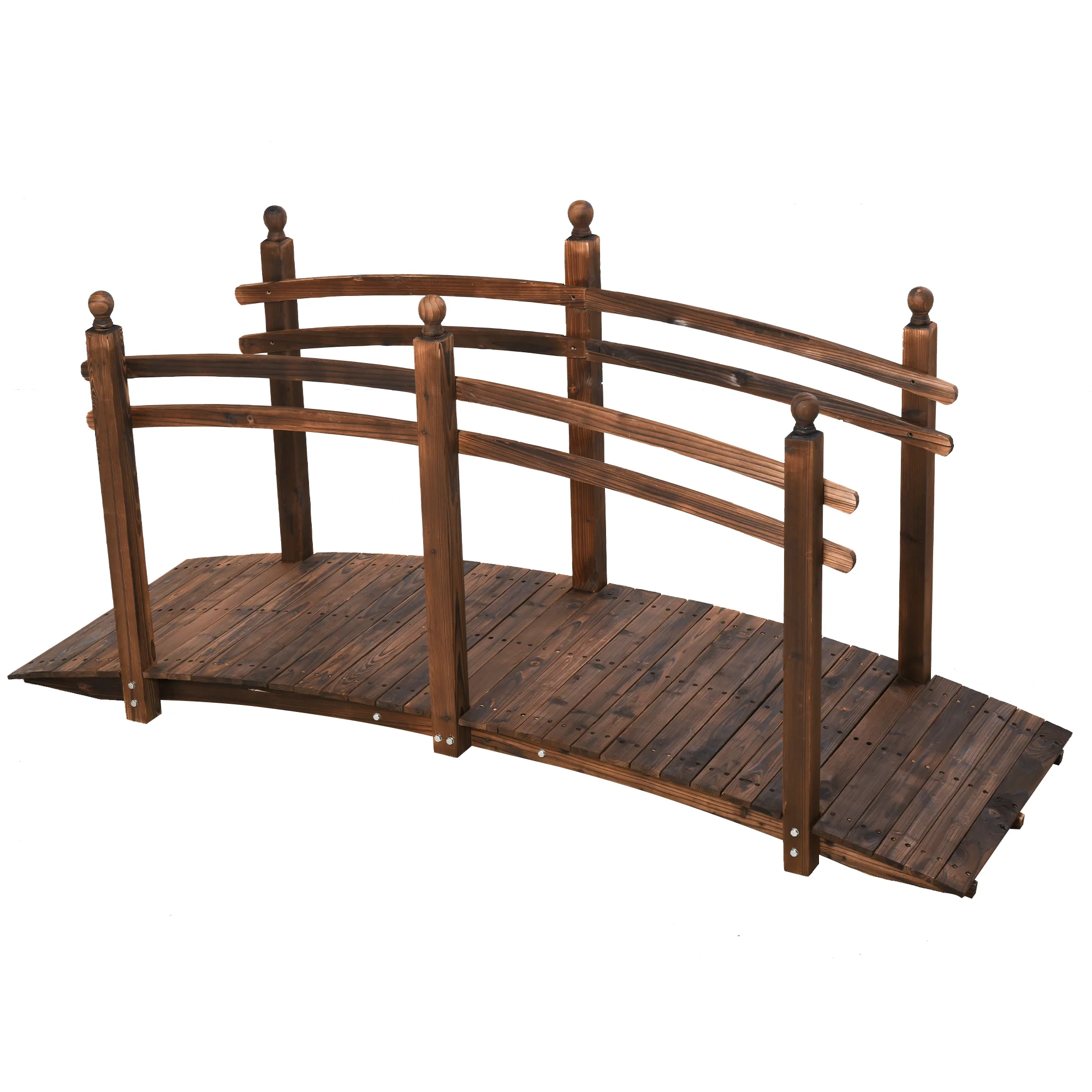 7.5' Wooden Arc Garden Bridge with Side Railings, Carbonized Finish - Image 12