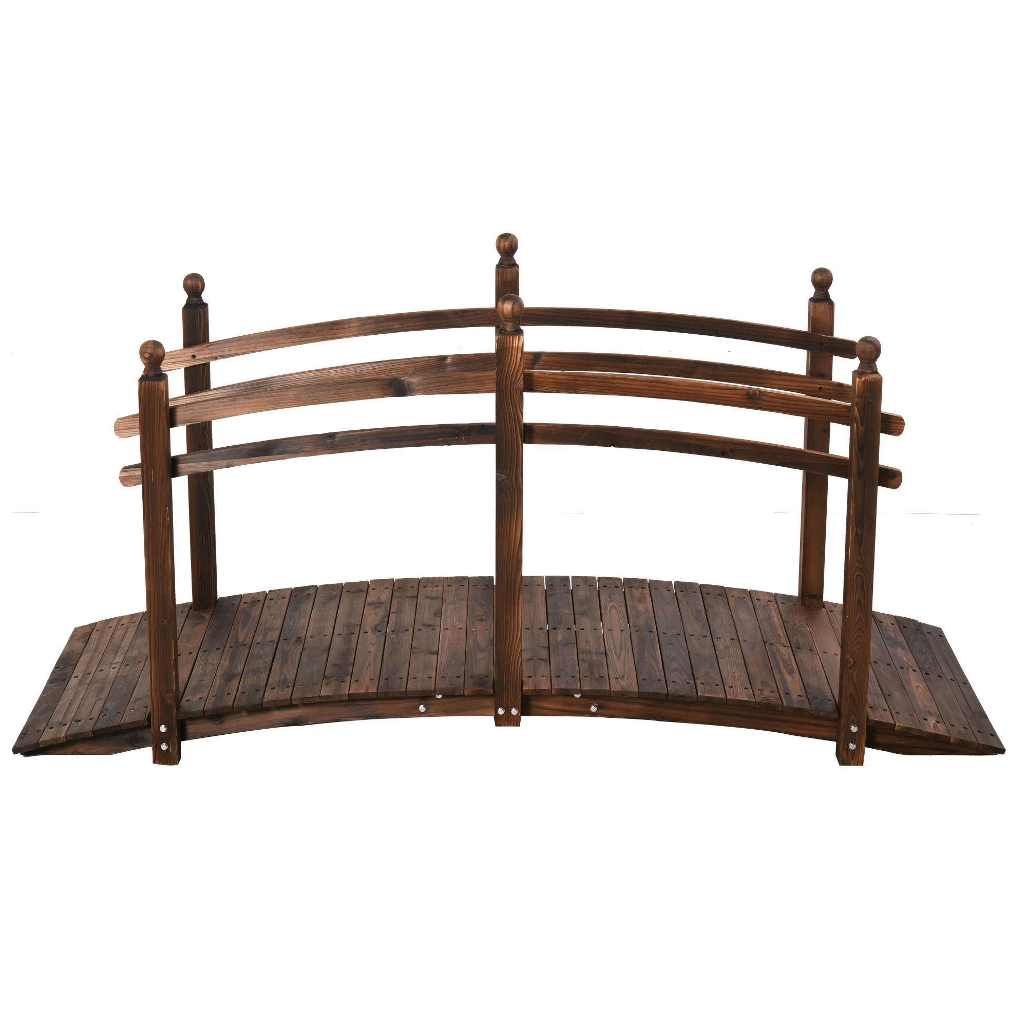 7.5' Wooden Arc Garden Bridge with Side Railings, Carbonized Finish - Image 2