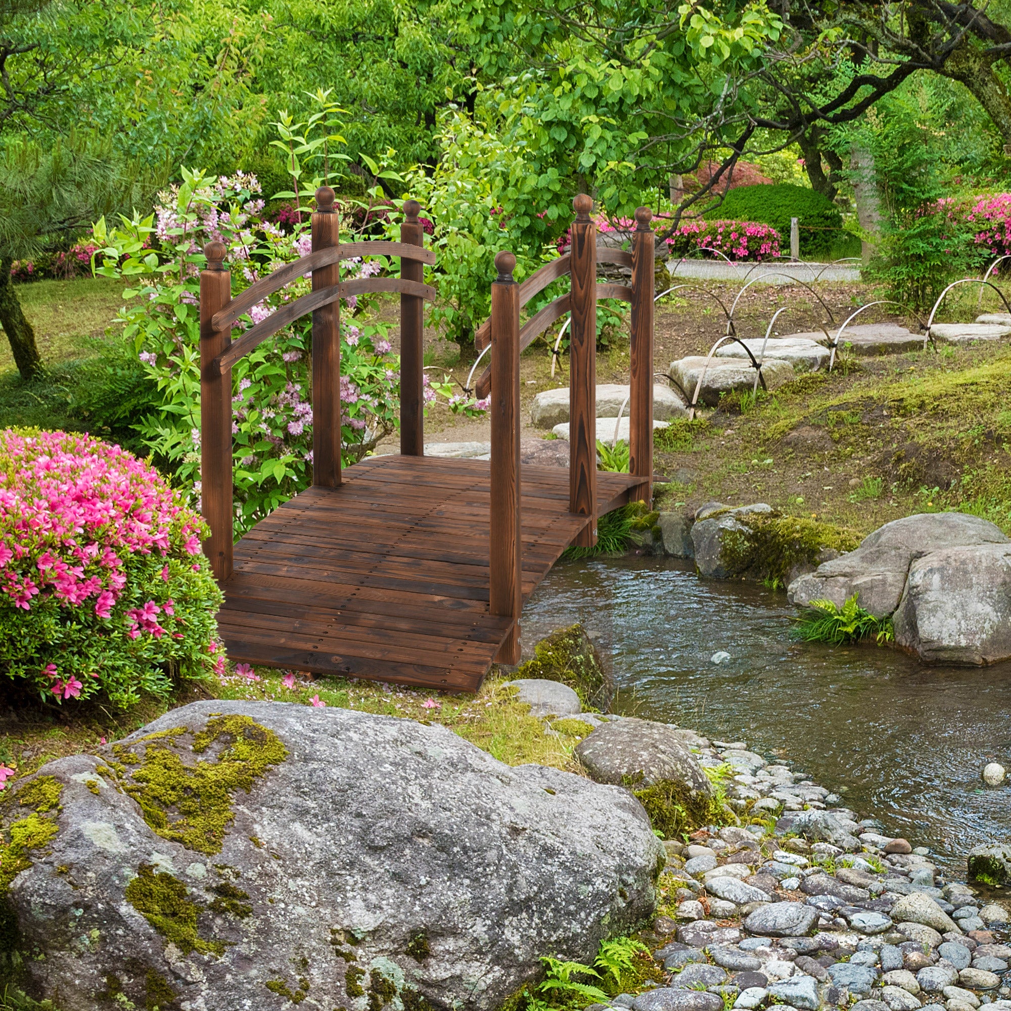 7.5' Wooden Arc Garden Bridge with Side Railings, Carbonized Finish - Image 3