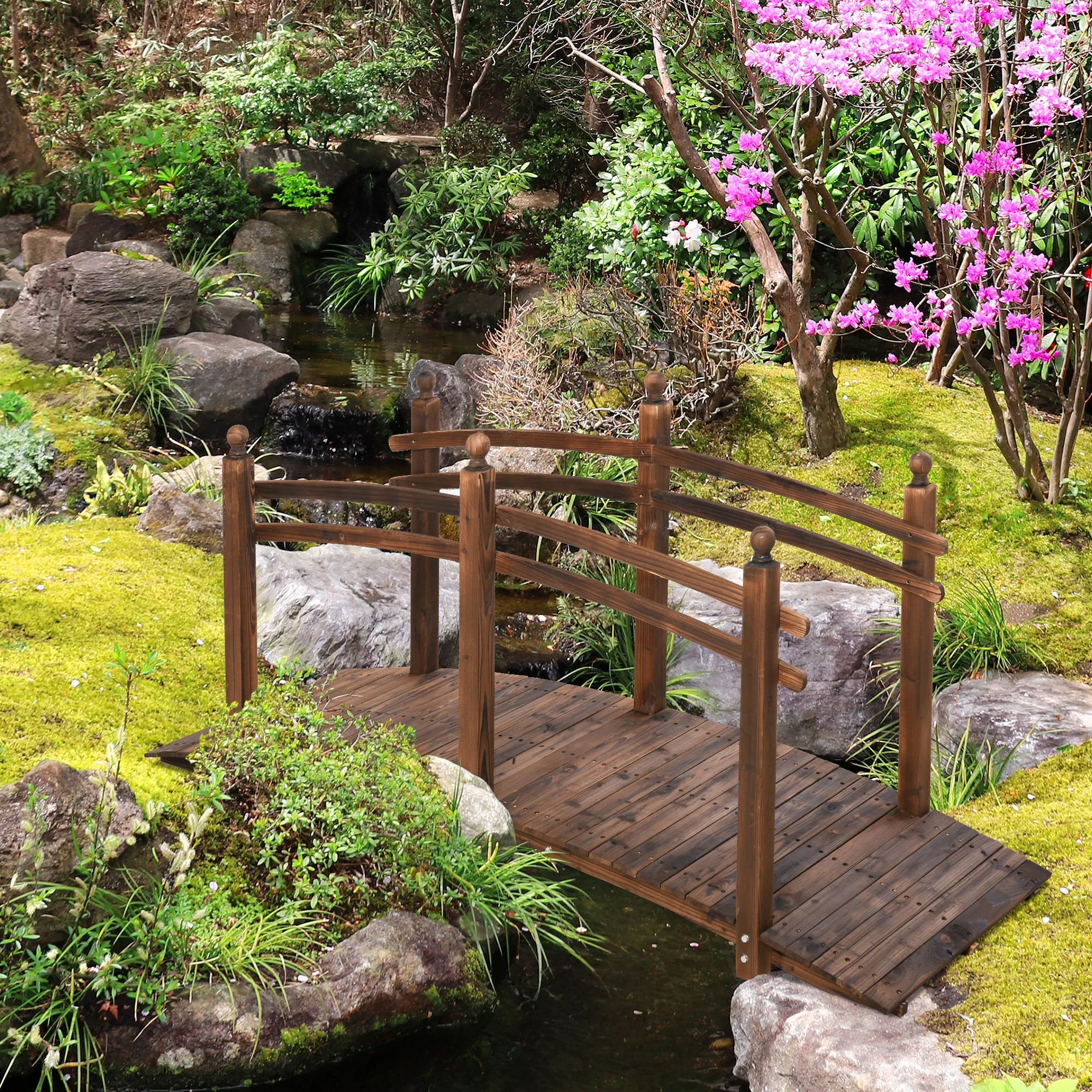 7.5' Wooden Arc Garden Bridge with Side Railings, Carbonized Finish - Image 4