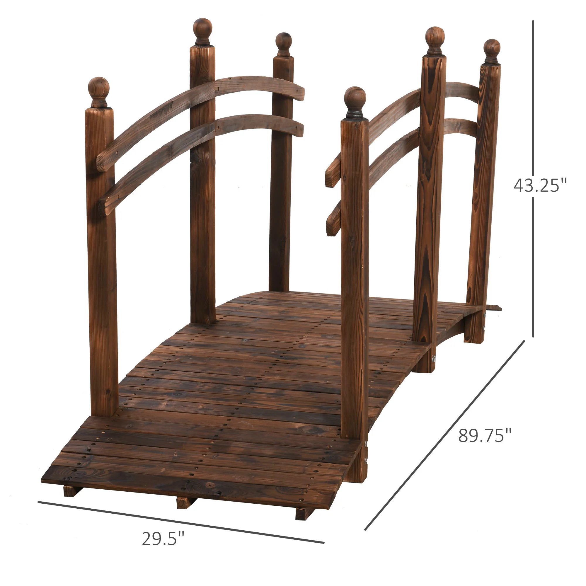 7.5' Wooden Arc Garden Bridge with Side Railings, Carbonized Finish - Image 5