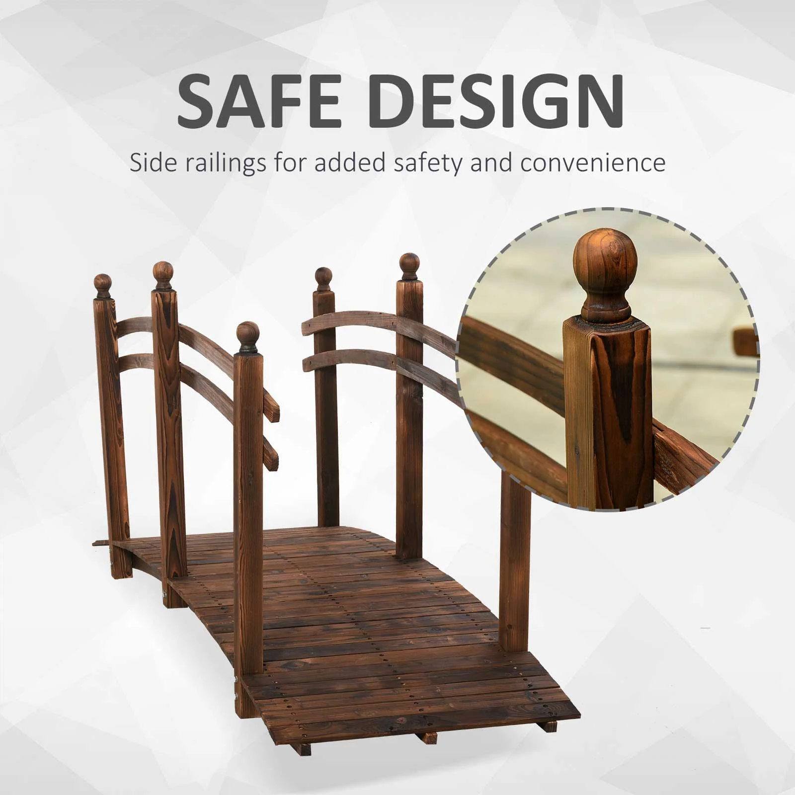 7.5' Wooden Arc Garden Bridge with Side Railings, Carbonized Finish - Image 8