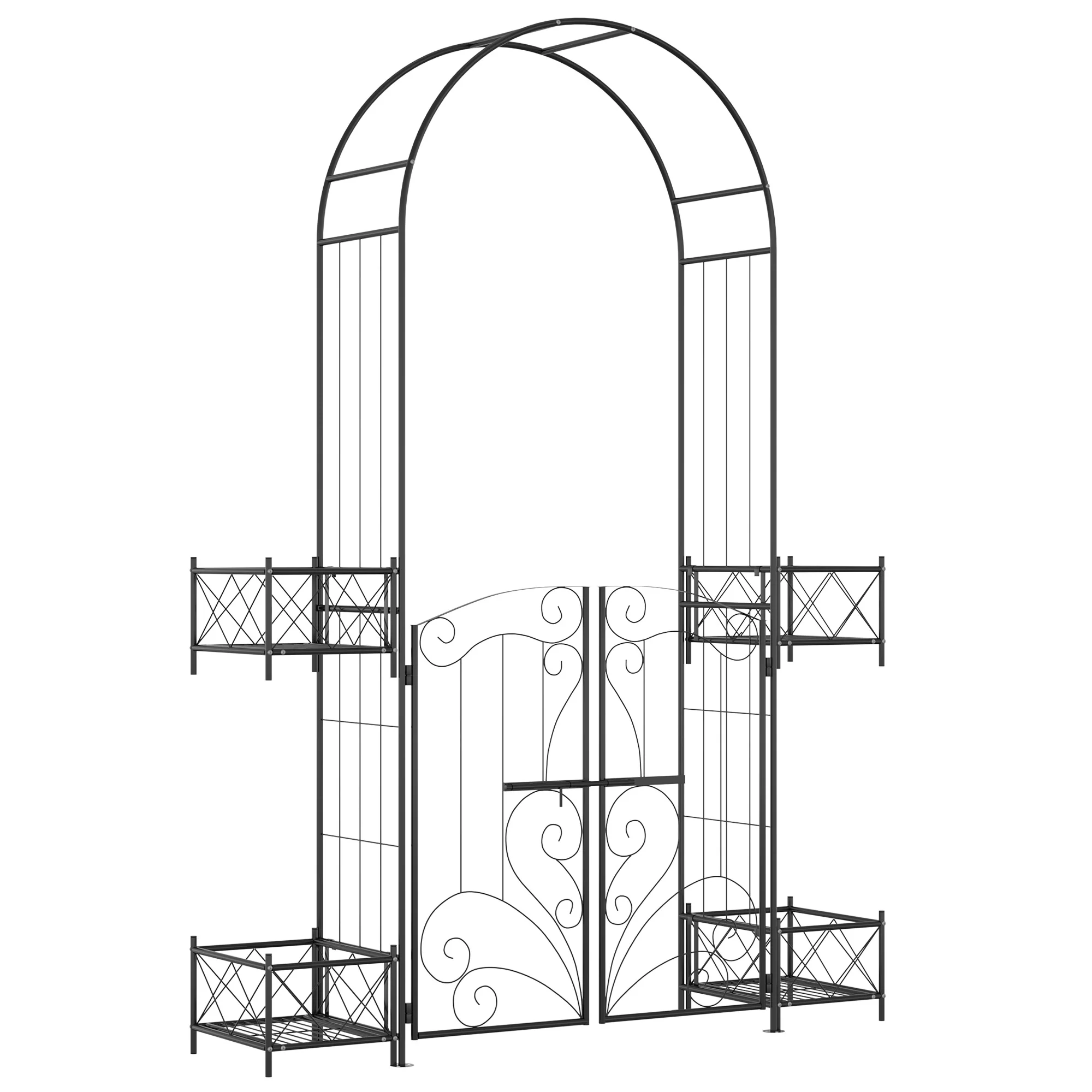 7' Metal Garden Arch Trellis with Gate for Climbing Vines & Weddings, Black