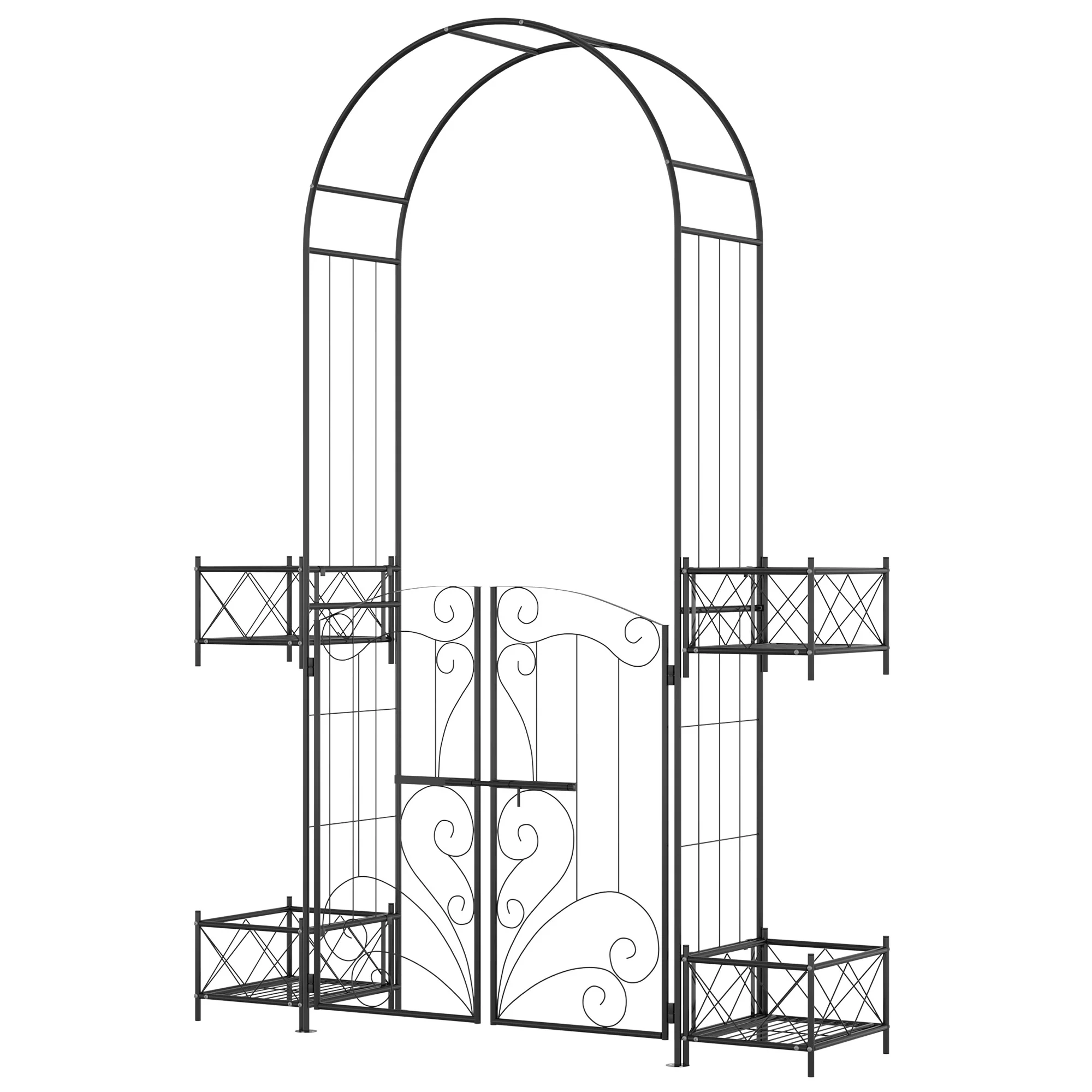 7' Metal Garden Arch Trellis with Gate for Climbing Vines & Weddings, Black - Image 2