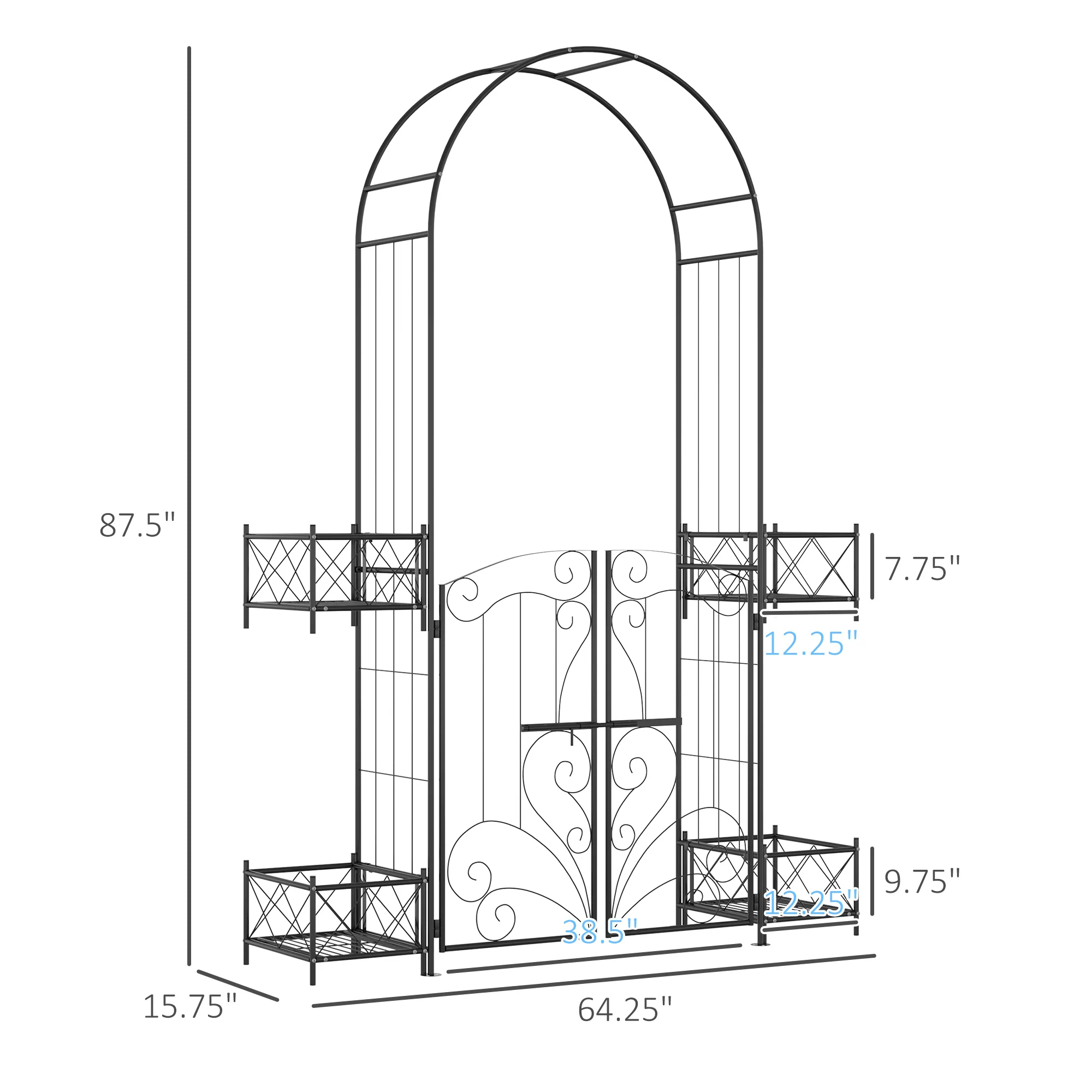7' Metal Garden Arch Trellis with Gate for Climbing Vines & Weddings, Black - Image 5
