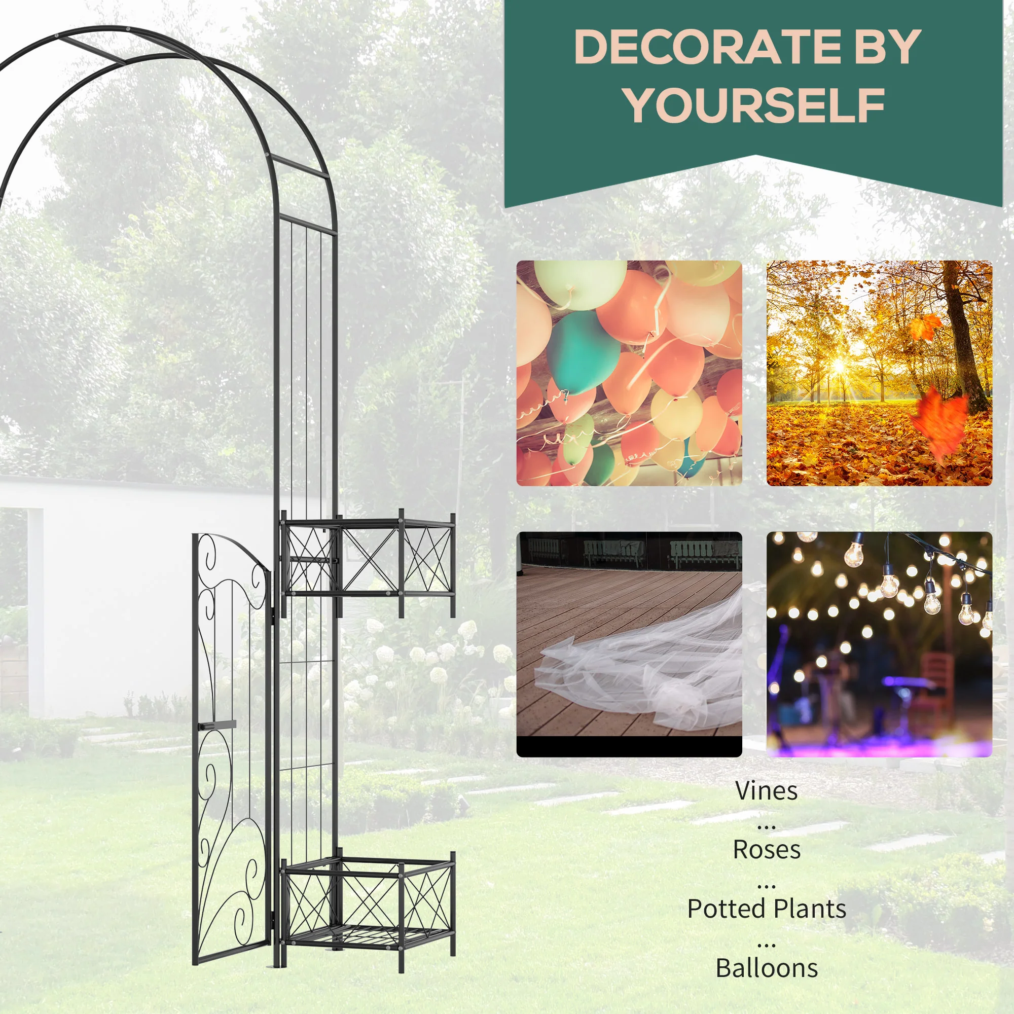 7' Metal Garden Arch Trellis with Gate for Climbing Vines & Weddings, Black - Image 6