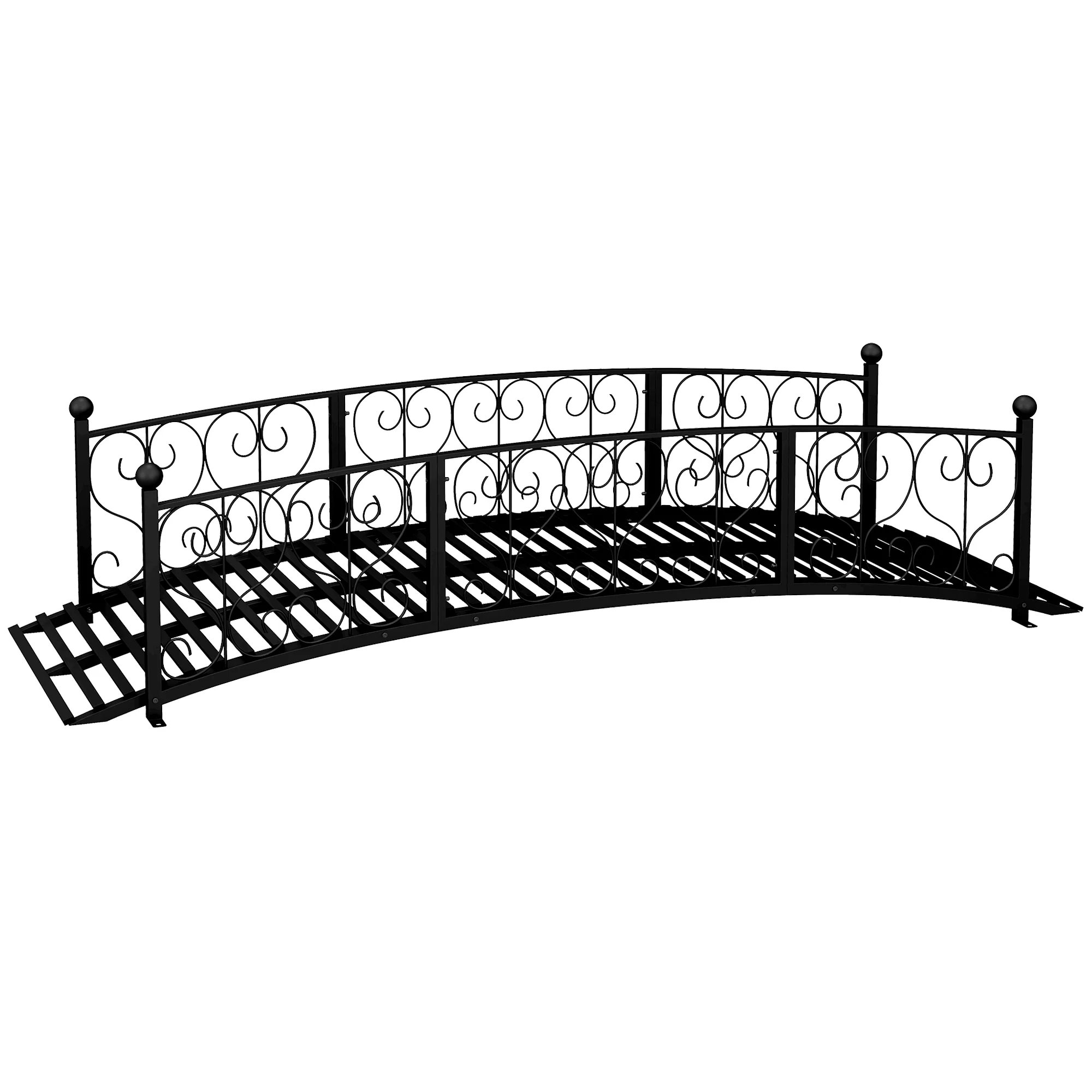 7' Metal Arch Garden Bridge with Scrollwork & Railings, Black - Image 2