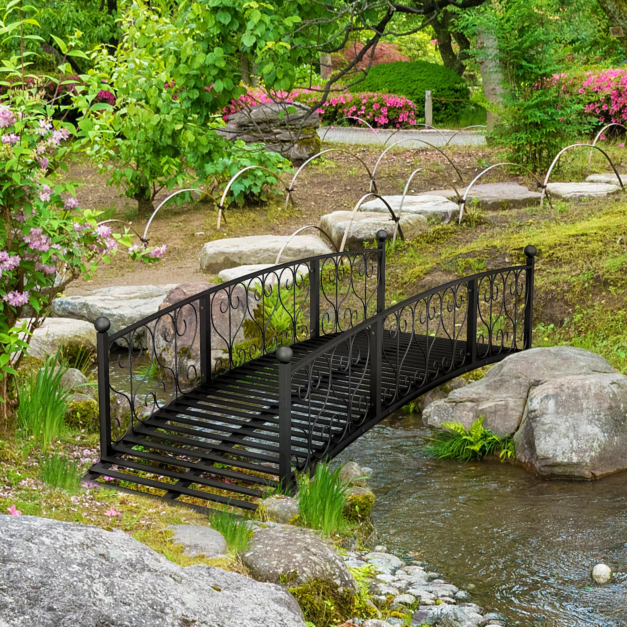 7' Metal Arch Garden Bridge with Scrollwork & Railings, Black - Image 3