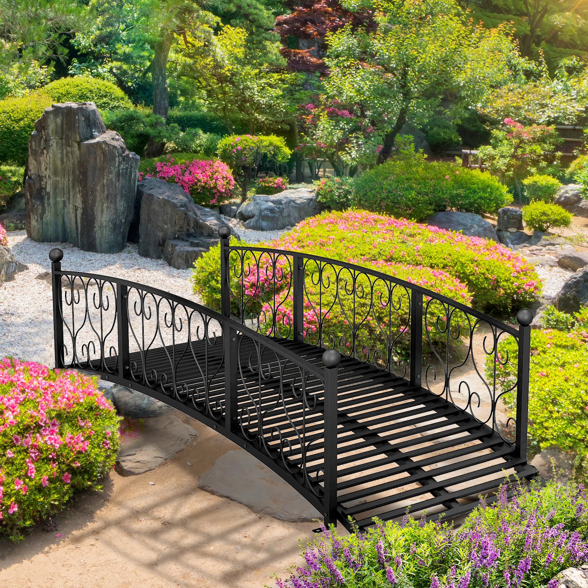 7' Metal Arch Garden Bridge with Scrollwork & Railings, Black - Image 4
