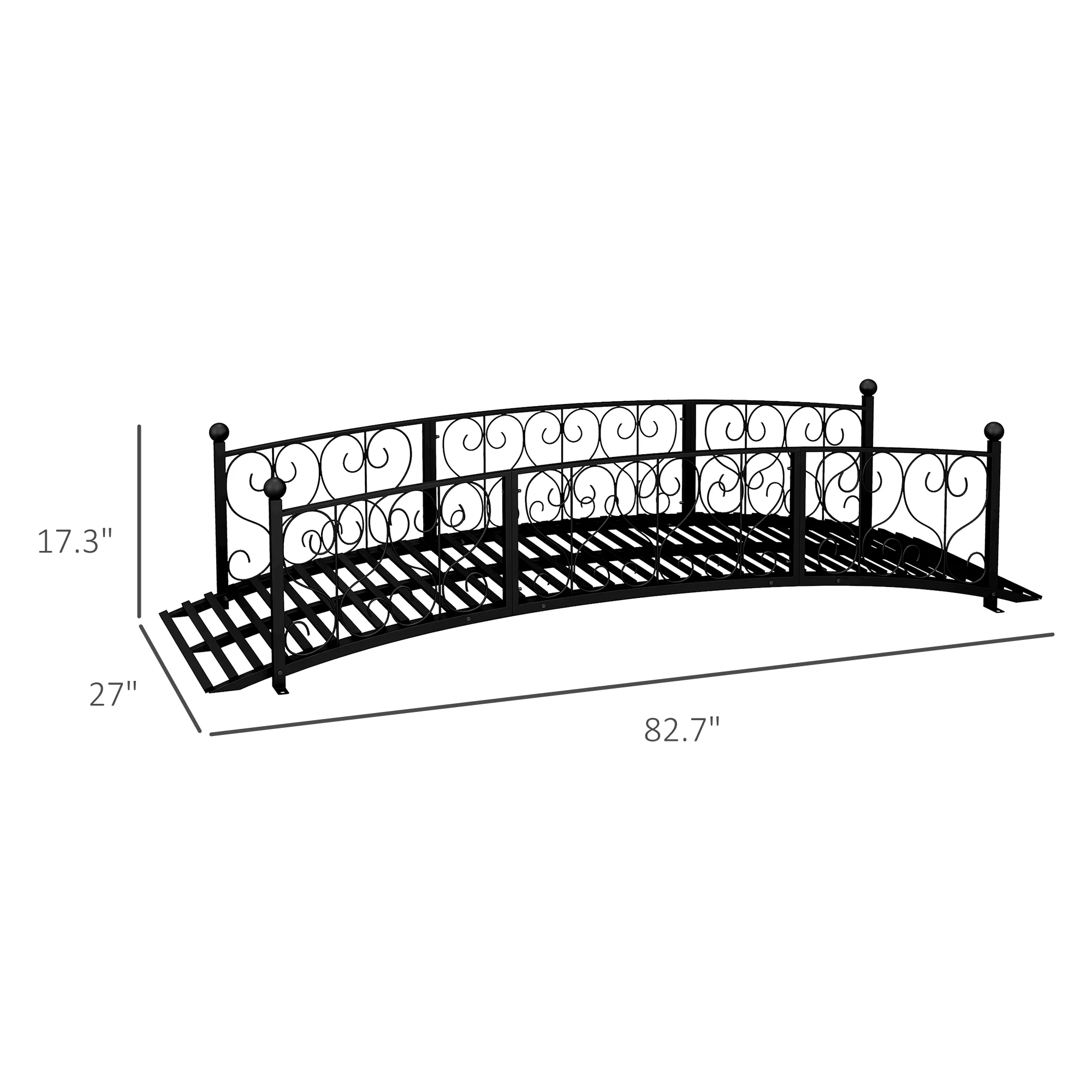 7' Metal Arch Garden Bridge with Scrollwork & Railings, Black - Image 5