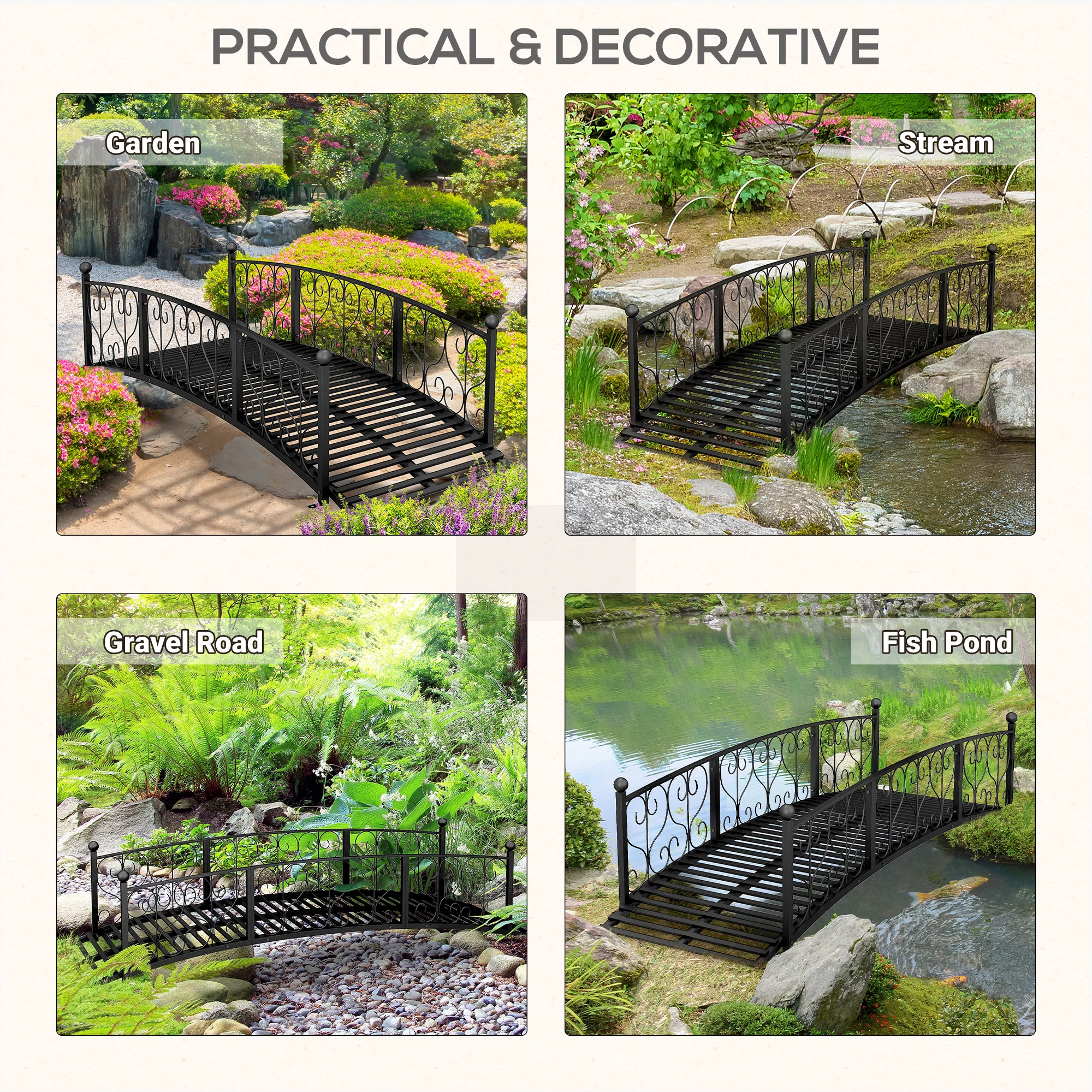 7' Metal Arch Garden Bridge with Scrollwork & Railings, Black - Image 7