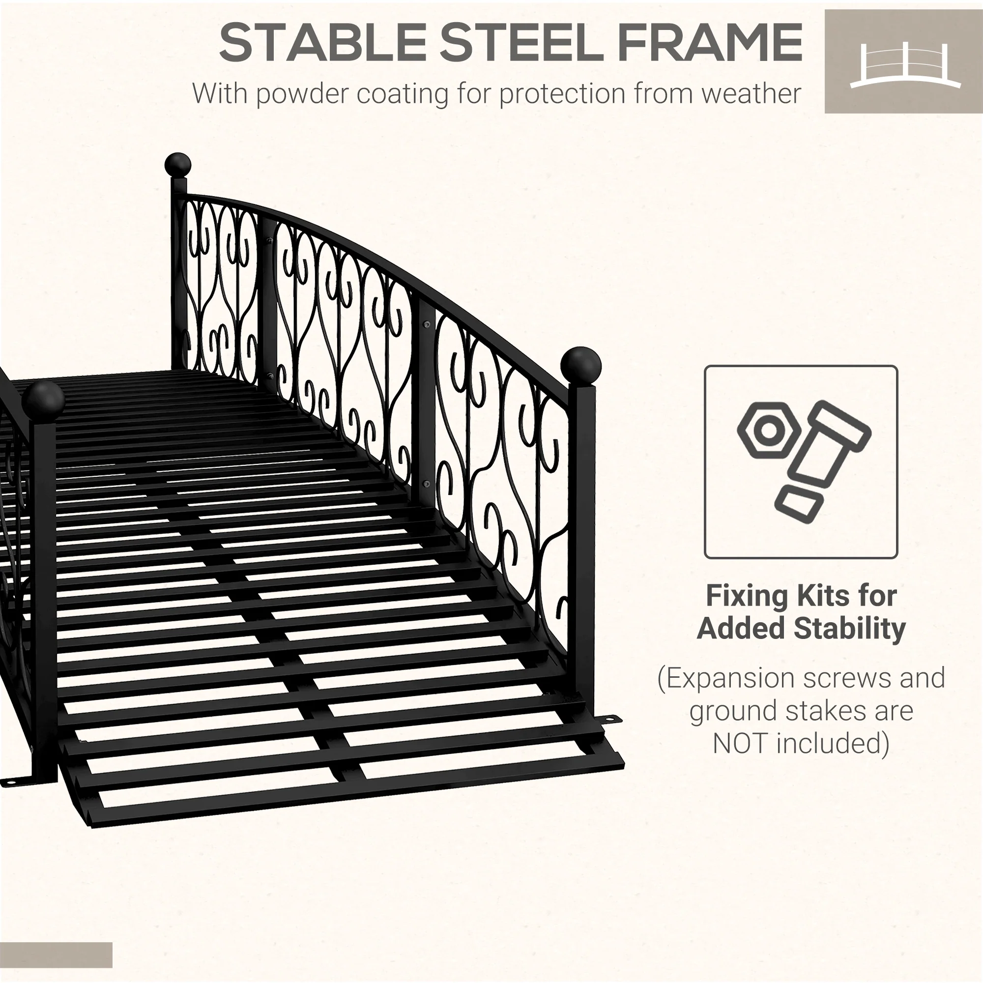 7' Metal Arch Garden Bridge with Scrollwork & Railings, Black - Image 8