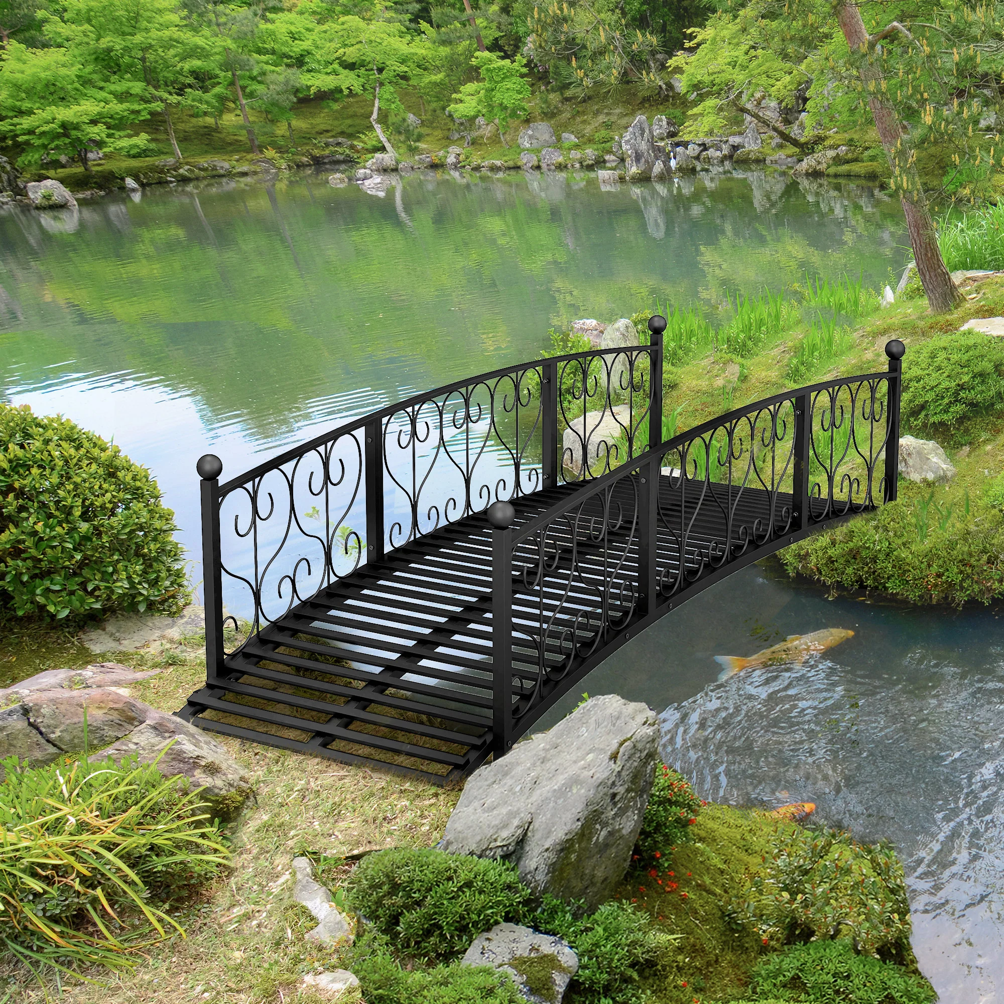 7' Metal Arch Garden Bridge with Scrollwork & Railings, Black - Image 9