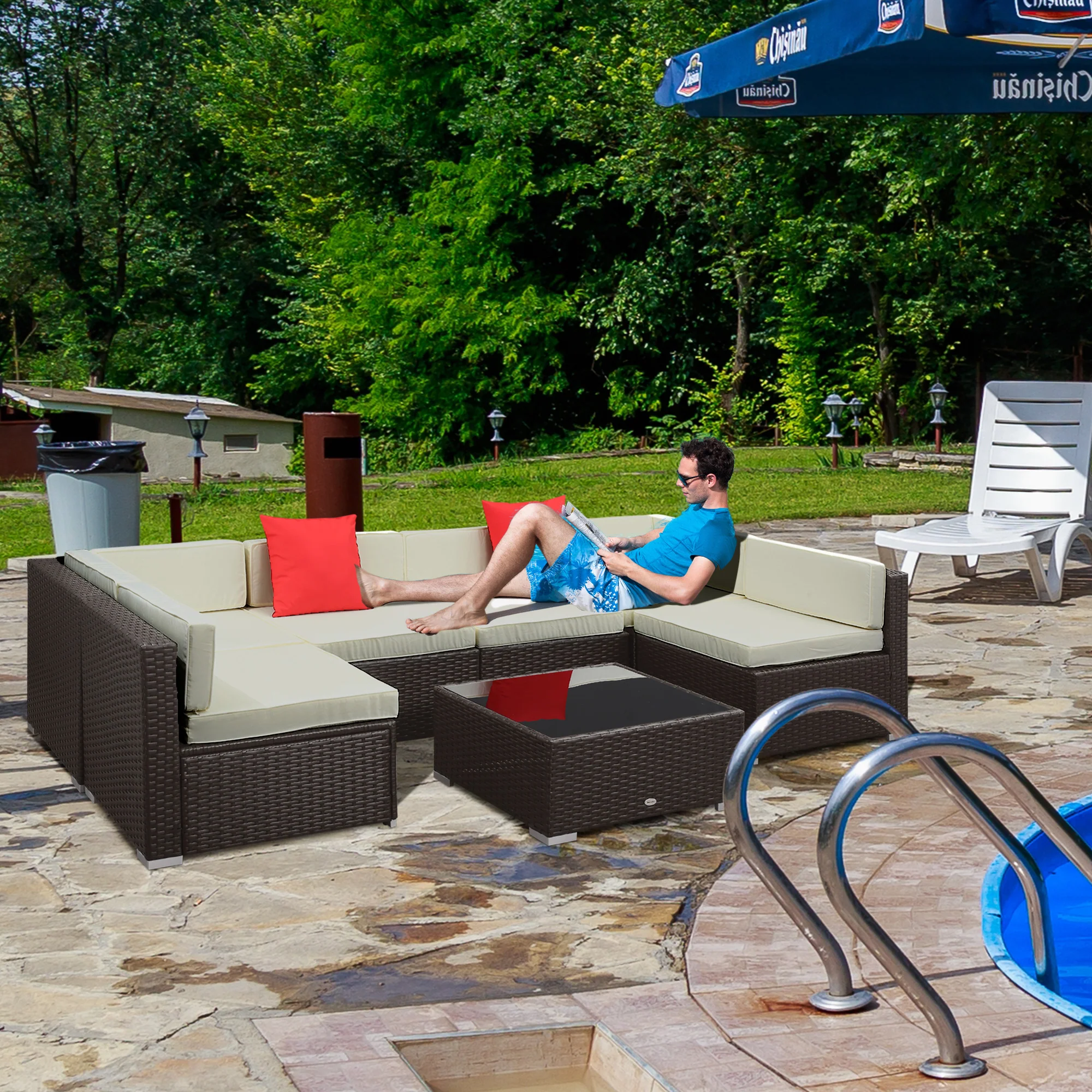 7-Piece PE Wicker Outdoor Sectional Set with Cushions & Glass Coffee Table, Beige - Image 4