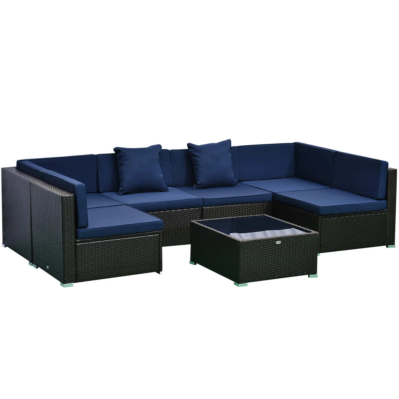 7-Piece PE Rattan Outdoor Sectional Sofa Set with Cushions, Coffee Table & Pillows, Dark Blue
