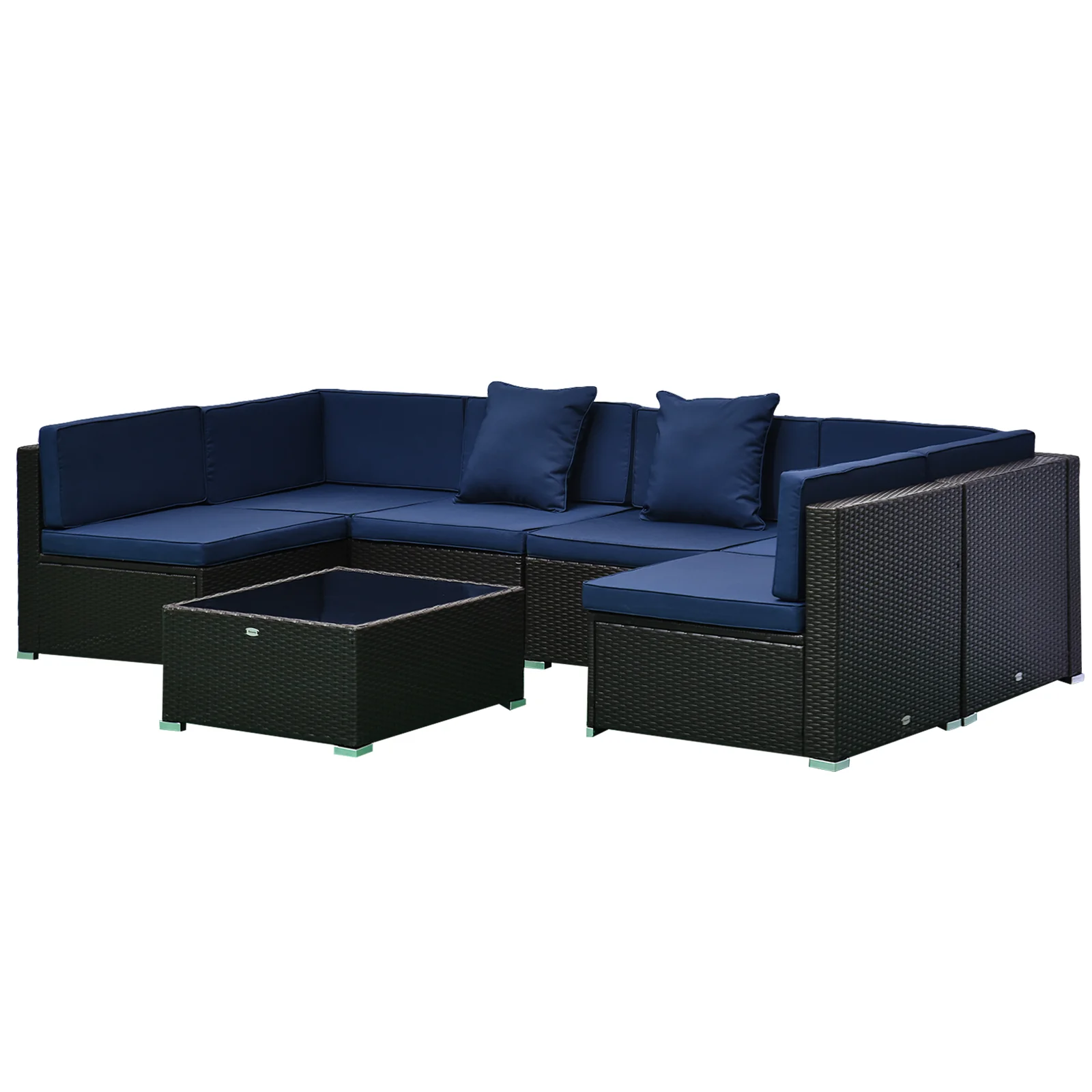 7-Piece PE Rattan Outdoor Sectional Sofa Set with Cushions, Coffee Table & Pillows, Dark Blue - Image 2