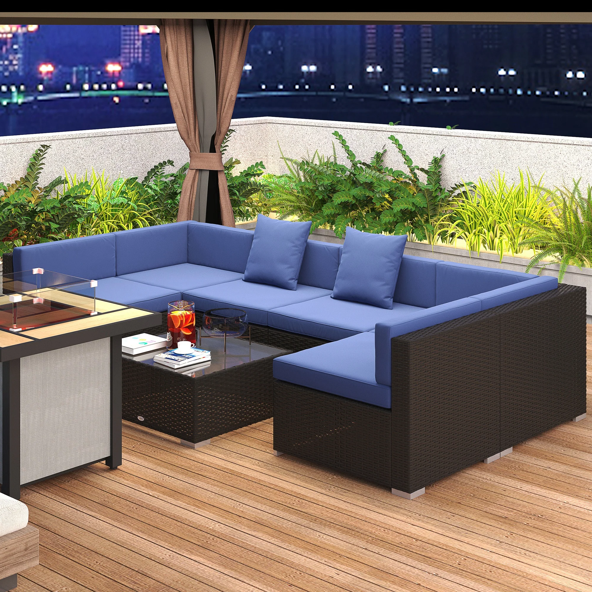 7-Piece PE Rattan Outdoor Sectional Sofa Set with Cushions, Coffee Table & Pillows, Dark Blue - Image 3