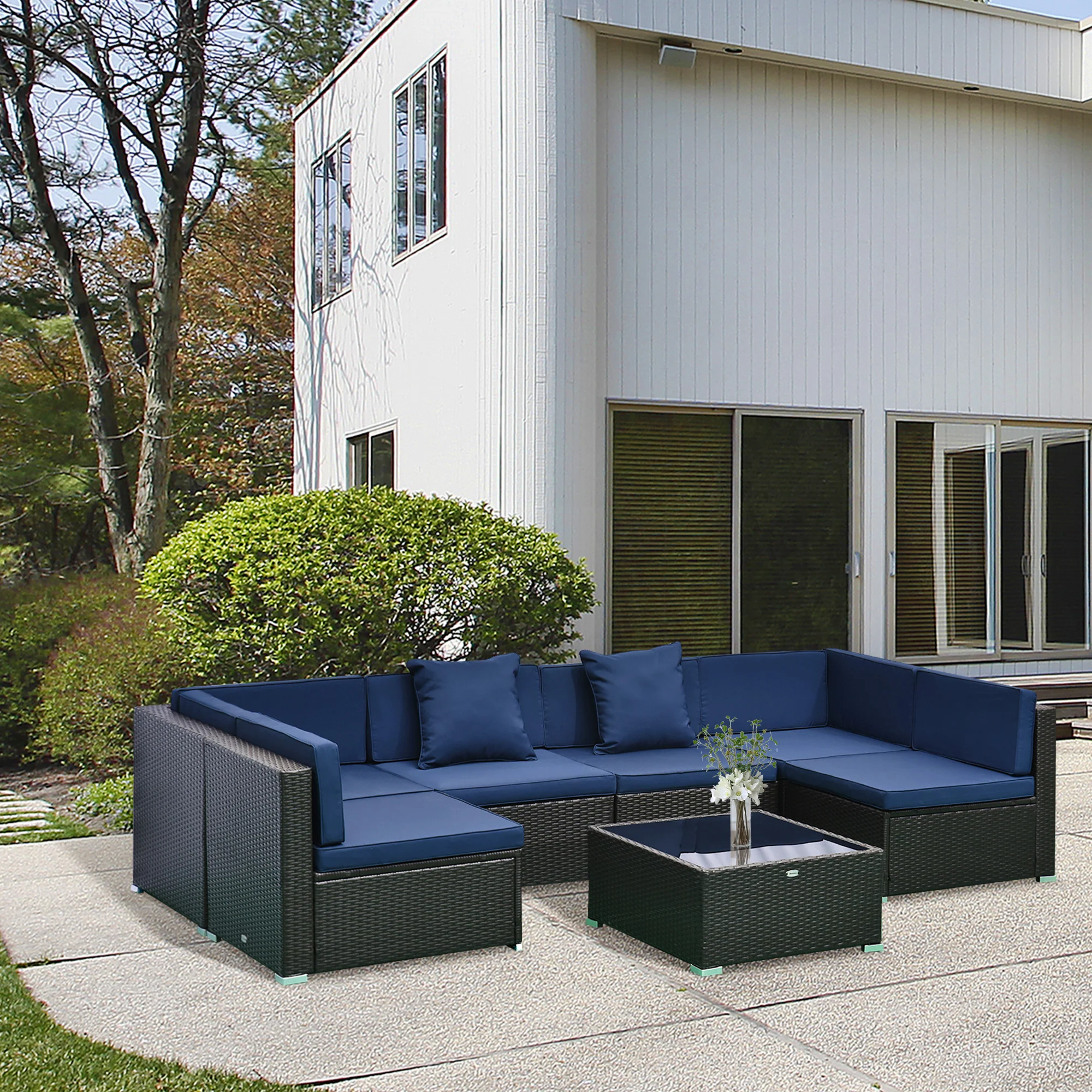7-Piece PE Rattan Outdoor Sectional Sofa Set with Cushions, Coffee Table & Pillows, Dark Blue - Image 4