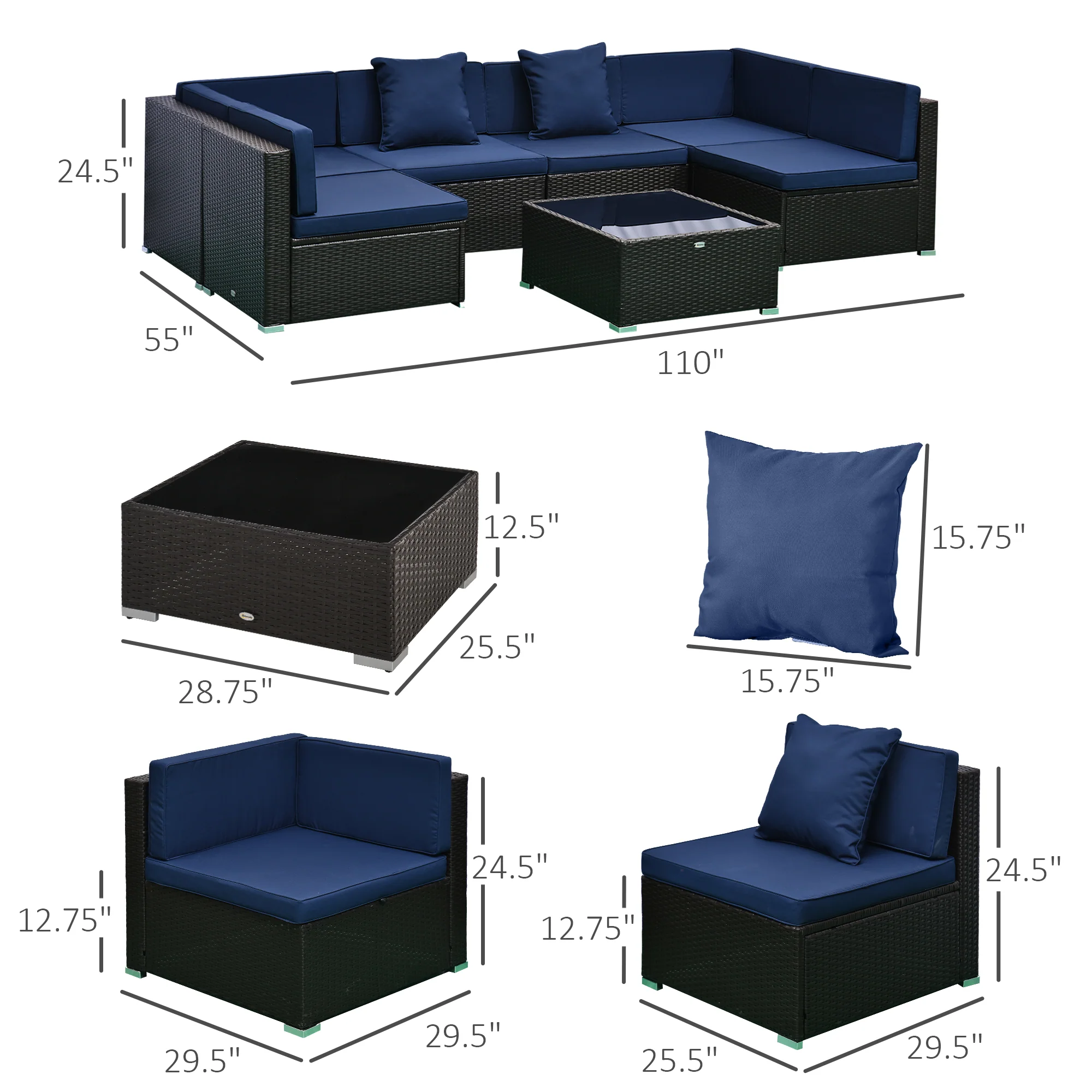 7-Piece PE Rattan Outdoor Sectional Sofa Set with Cushions, Coffee Table & Pillows, Dark Blue - Image 5