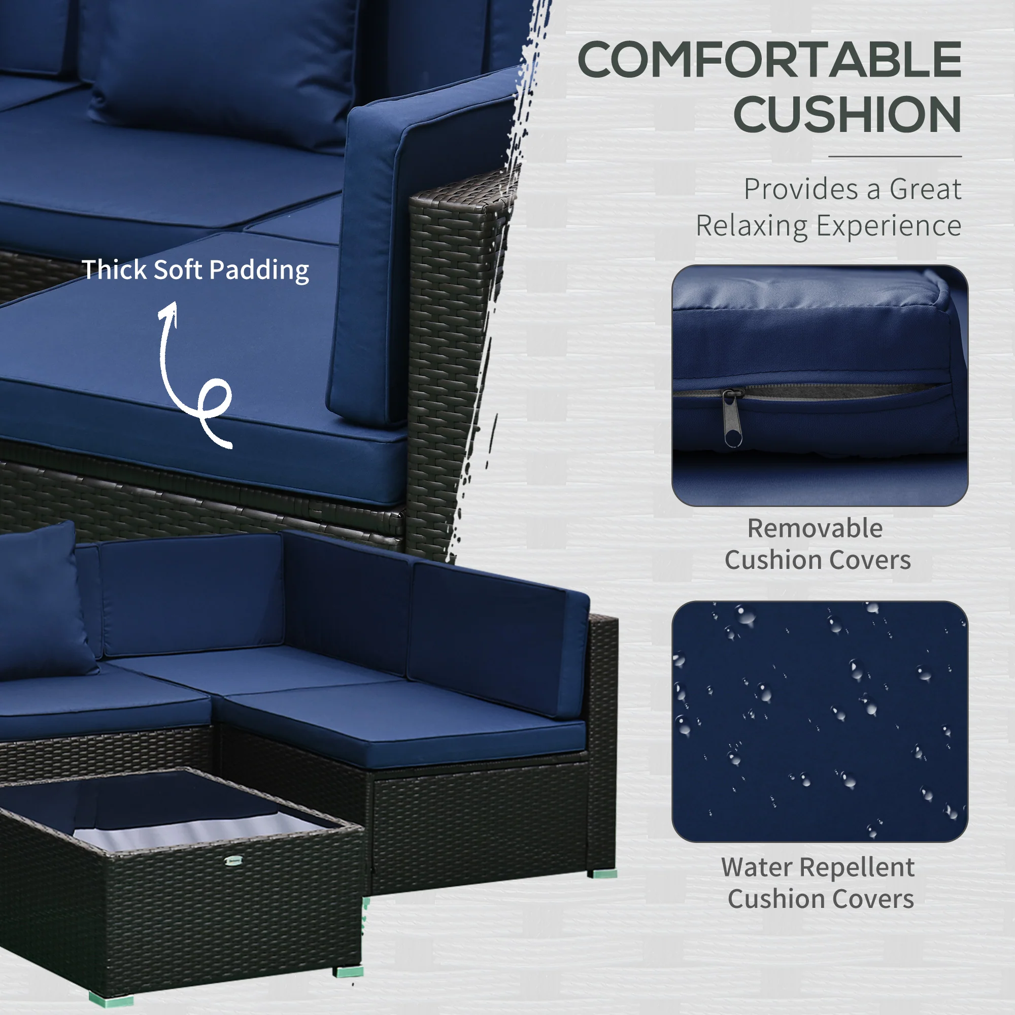 7-Piece PE Rattan Outdoor Sectional Sofa Set with Cushions, Coffee Table & Pillows, Dark Blue - Image 7