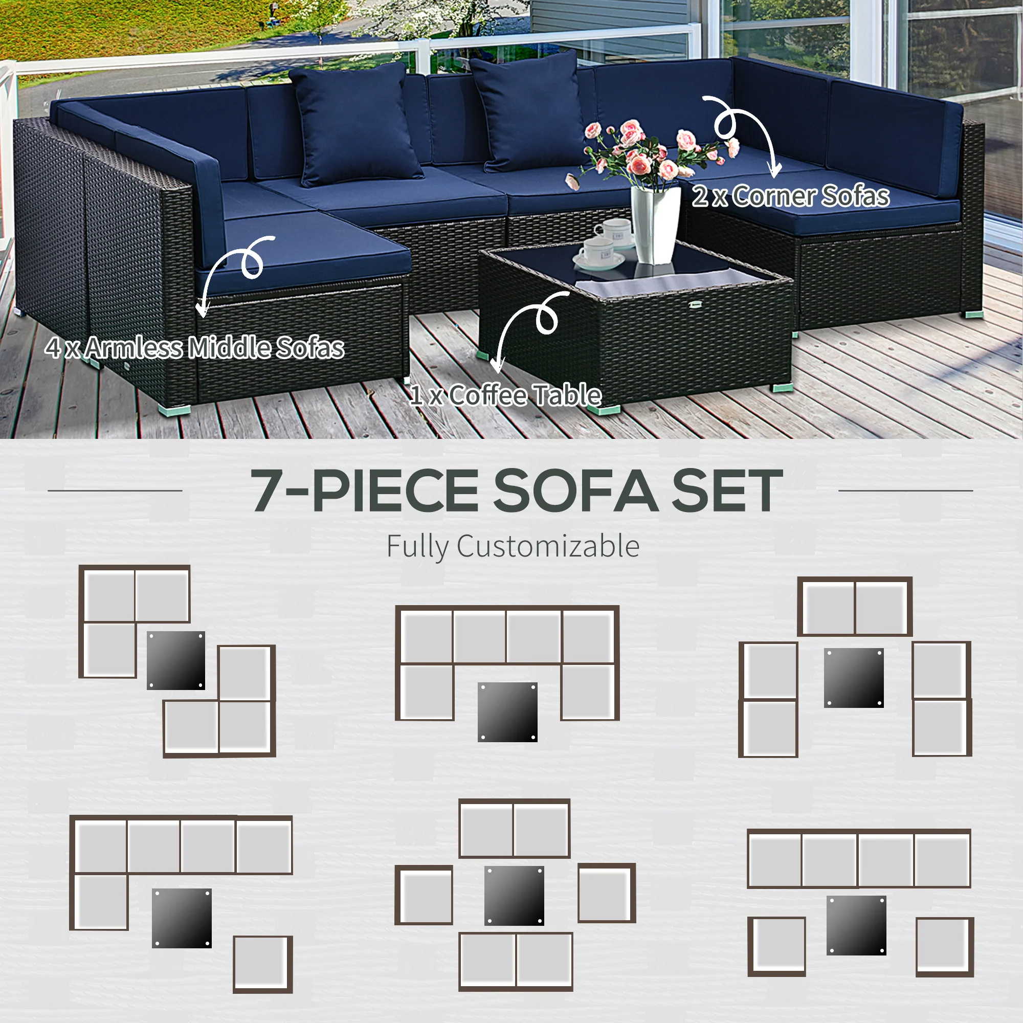 7-Piece PE Rattan Outdoor Sectional Sofa Set with Cushions, Coffee Table & Pillows, Dark Blue - Image 8