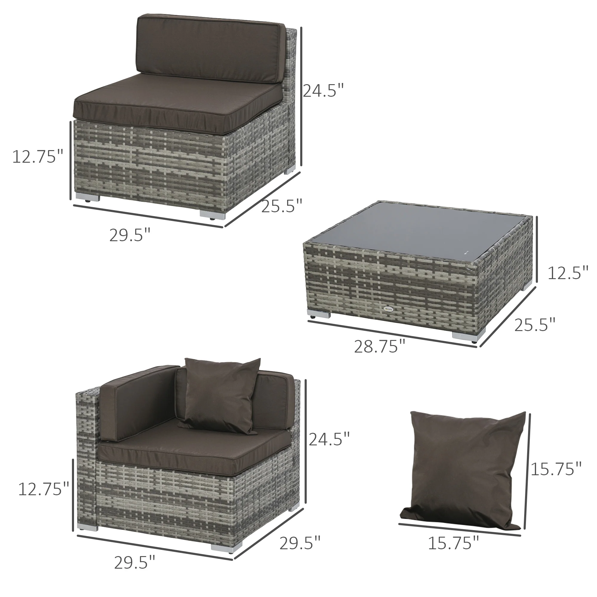 7-Piece All-Weather PE Rattan Sofa Set with Cushions & Pillows, Tempered Glass Table, Charcoal - Image 5