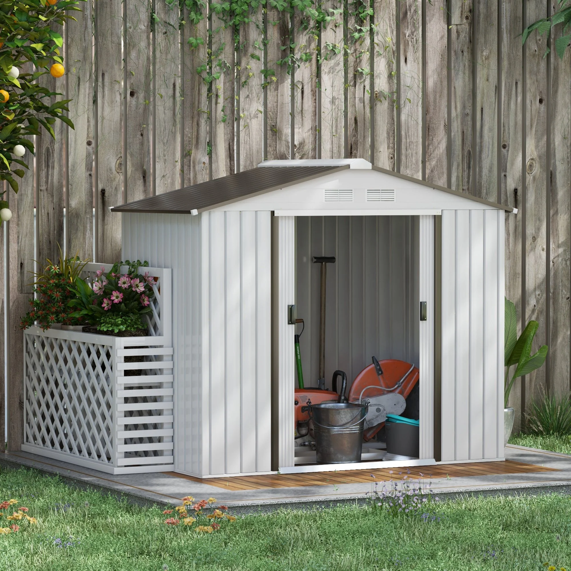 EverBase 7' x 4' Outdoor Storage Shed with Foundation Kit, Double Lockable Door & Air Vents, White - Image 4
