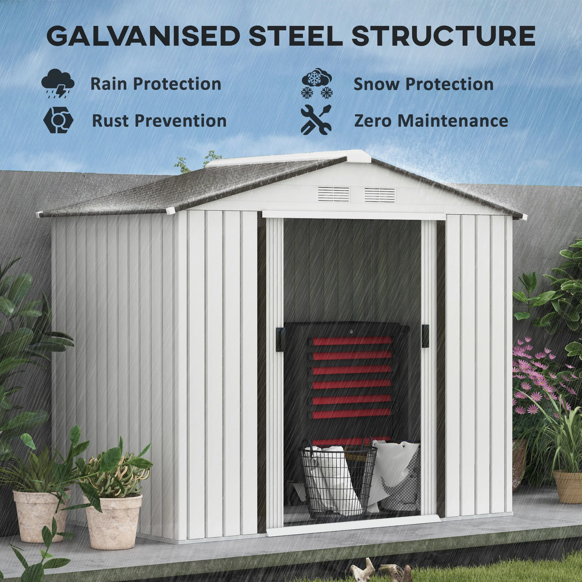 EverBase 7' x 4' Outdoor Storage Shed with Foundation Kit, Double Lockable Door & Air Vents, White - Image 6