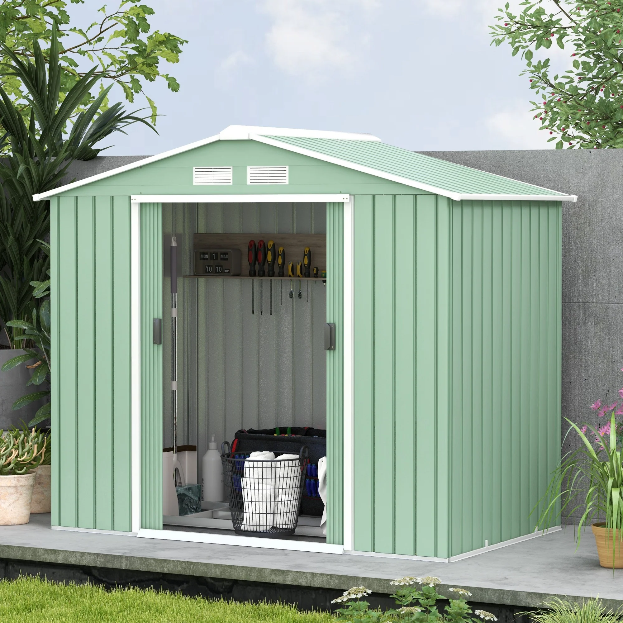 EverBase 7' x 4' Outdoor Storage Shed with Foundation Kit, Double Lockable Door & Air Vents, Light Green - Image 10
