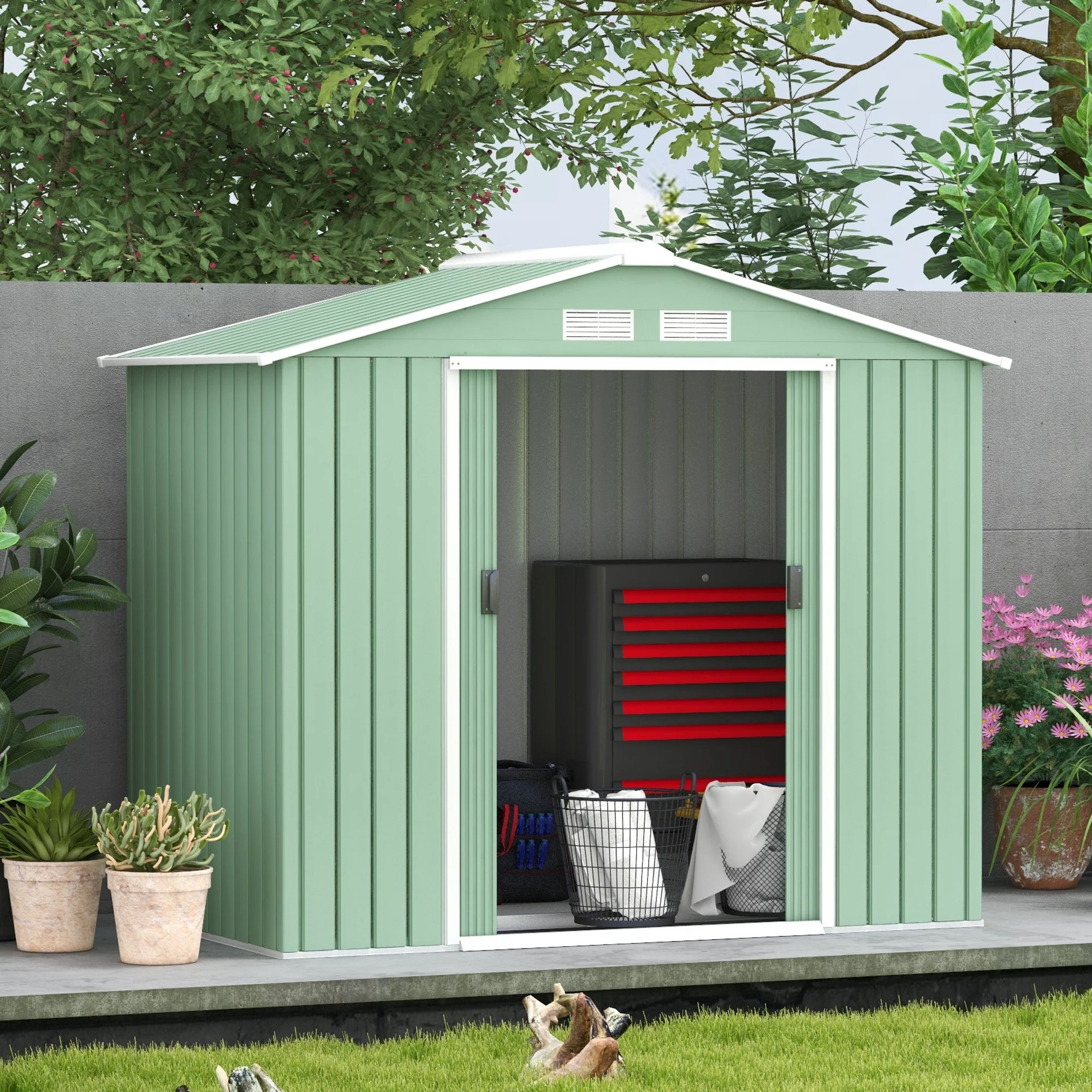 EverBase 7' x 4' Outdoor Storage Shed with Foundation Kit, Double Lockable Door & Air Vents, Light Green - Image 3